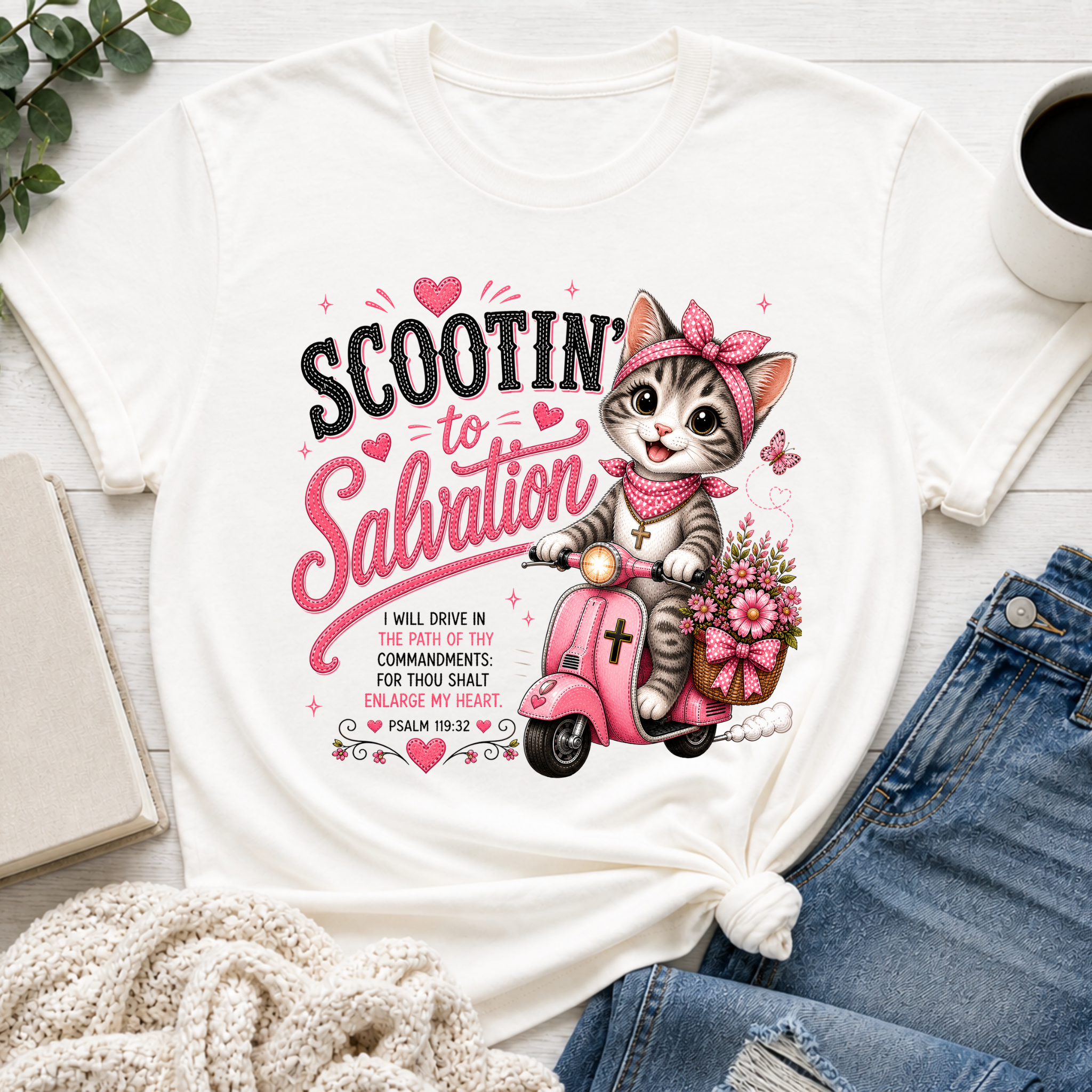 Scootin’ to Salvation Cat Shirt | Christian Girl Youth Tee | Cute Bible Verse Shirt