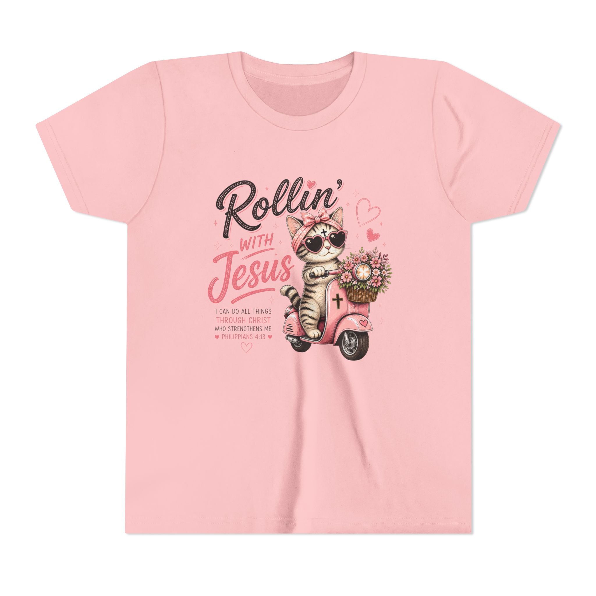 Rollin' with Jesus Cat Shirt | Christian Girl Youth Tee | Cute Bible Verse Shirt