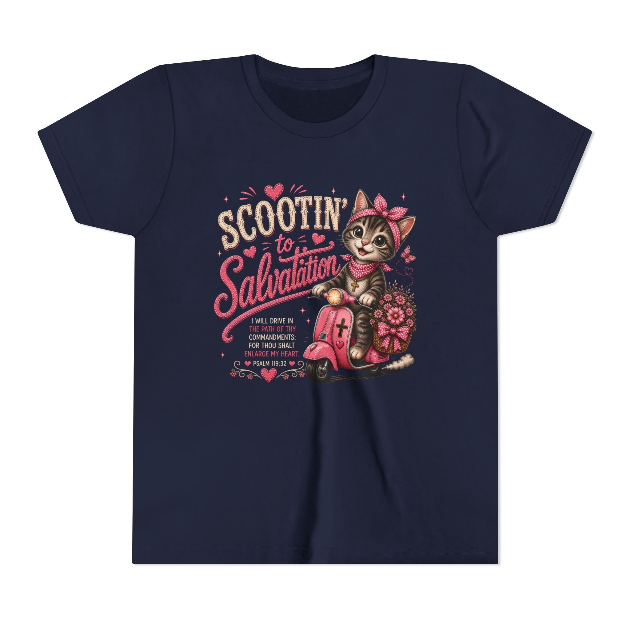 Scootin’ to Salvation Cat Shirt | Christian Girl Youth Tee | Cute Bible Verse Shirt