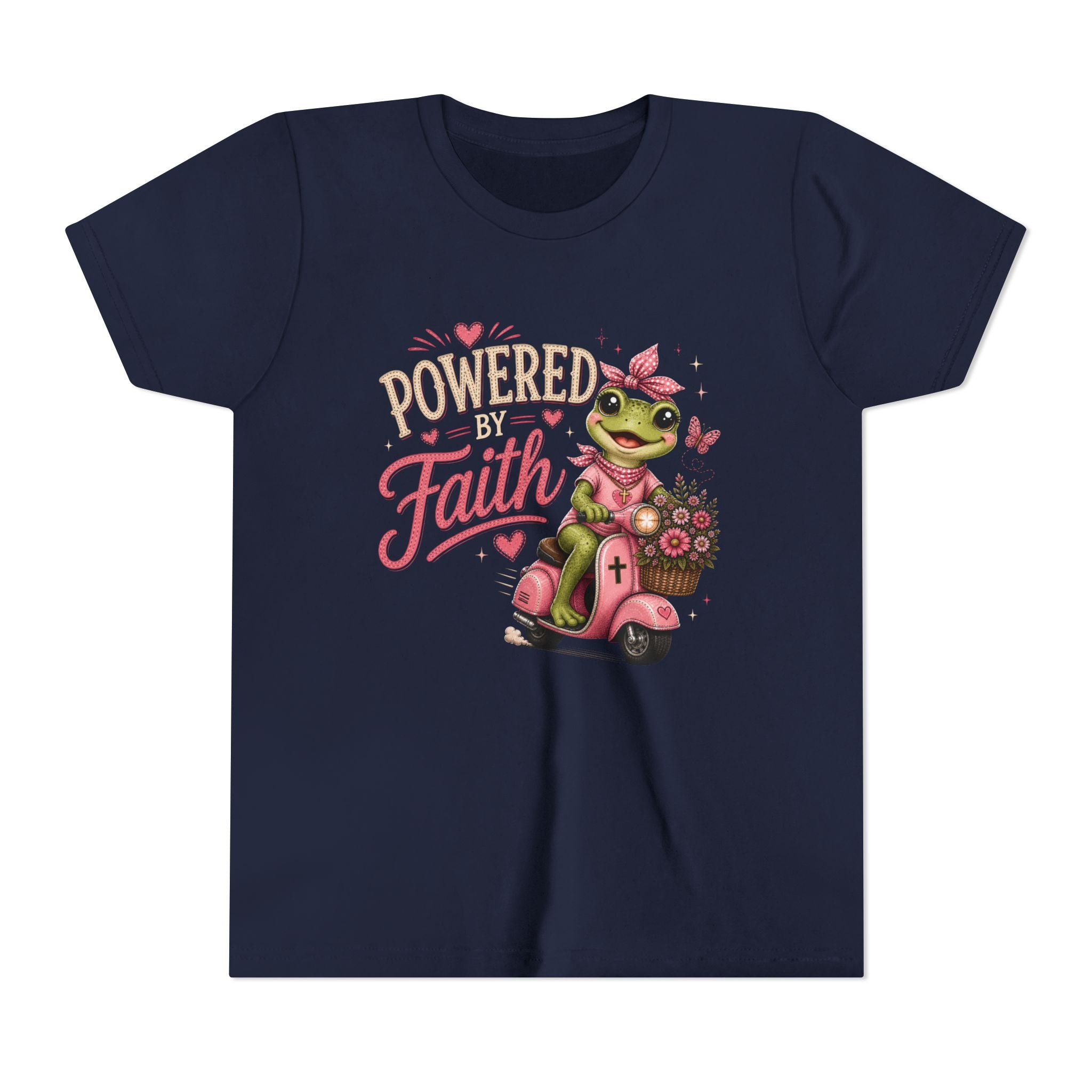 Powered by Faith Frog Shirt for Girls | Christian Youth Tee | Cute Farm Animal Shirt