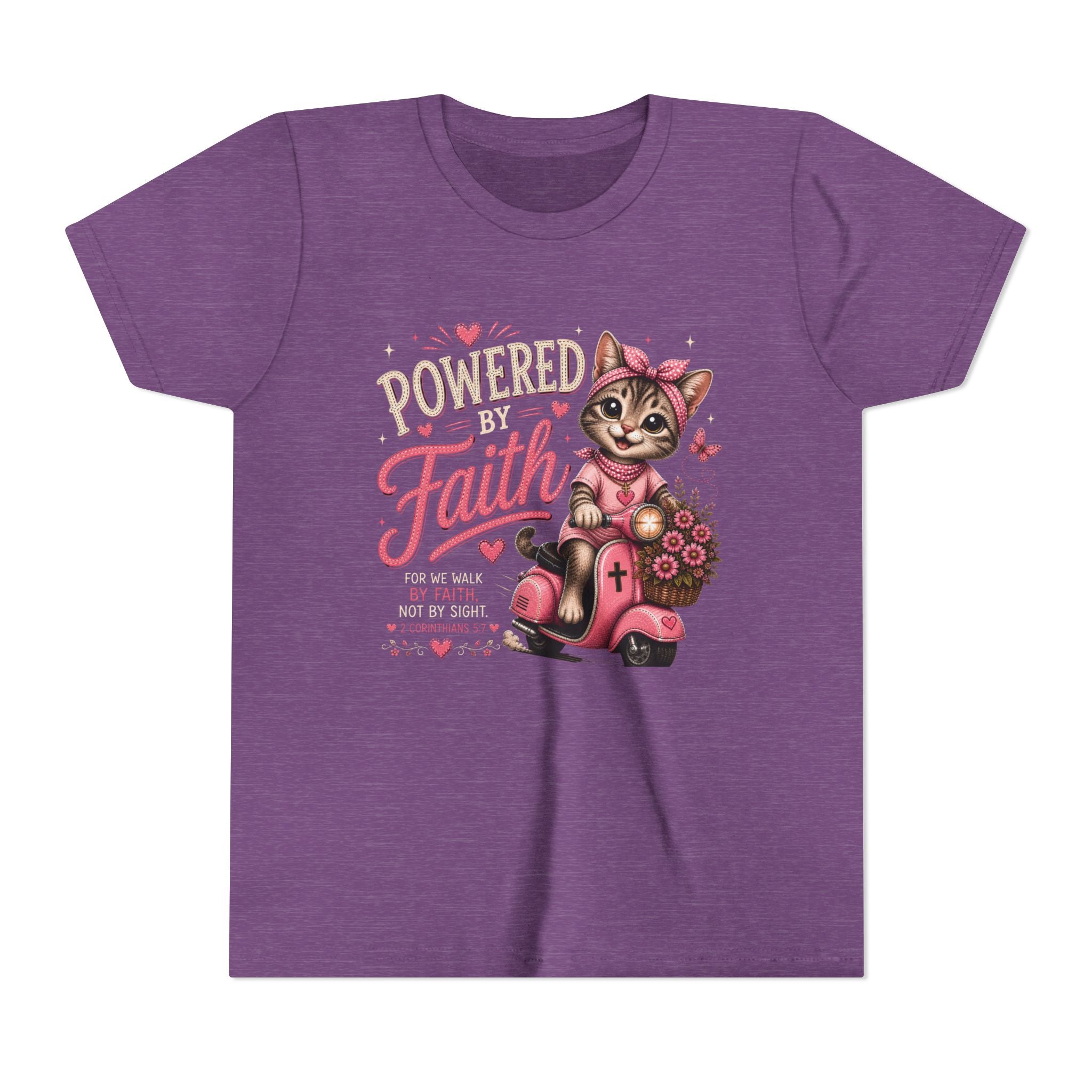 Powered by Faith Cat Shirt | Christian Girl Youth Tee | Cute Bible Verse Shirt