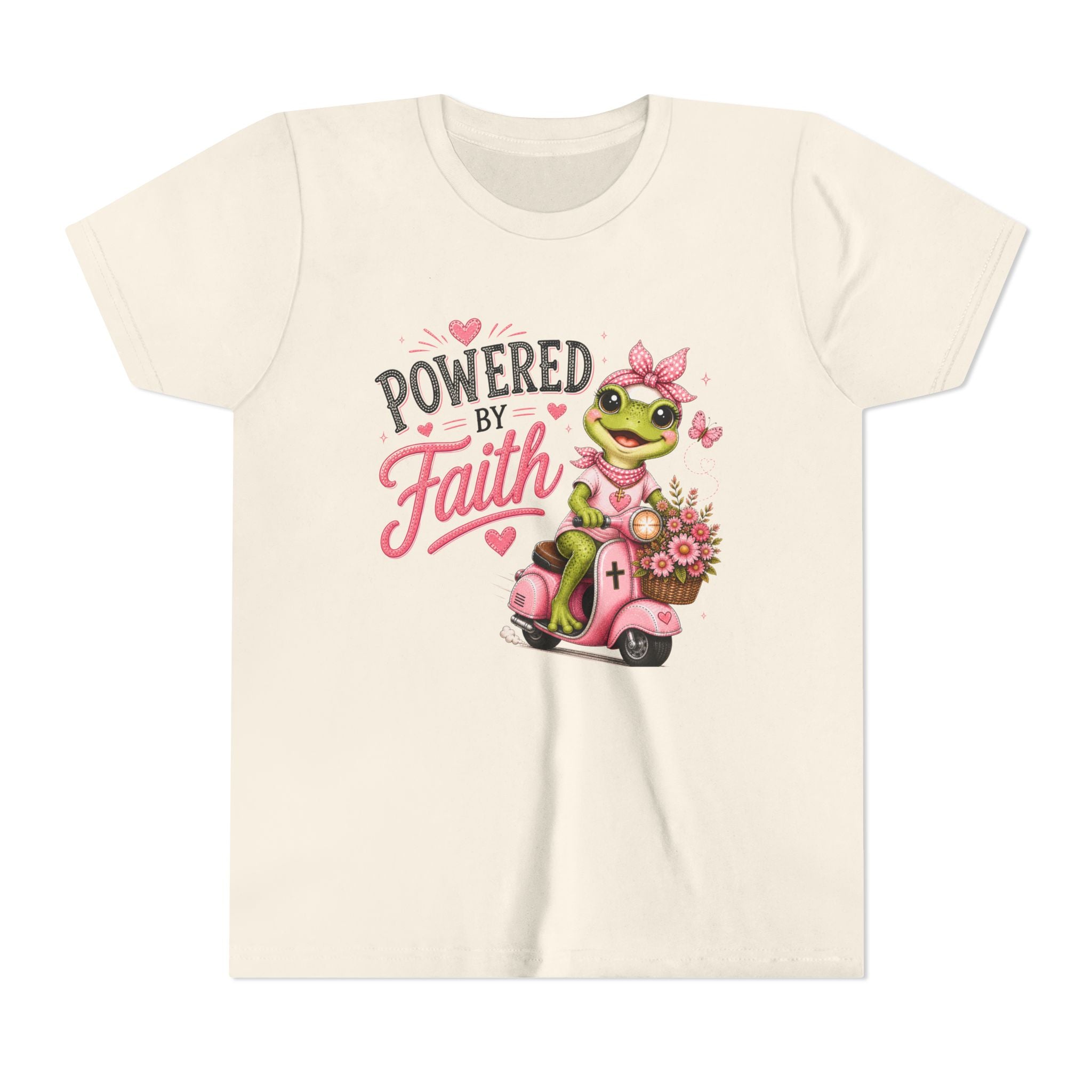 Powered by Faith Frog Shirt for Girls | Christian Youth Tee | Cute Farm Animal Shirt