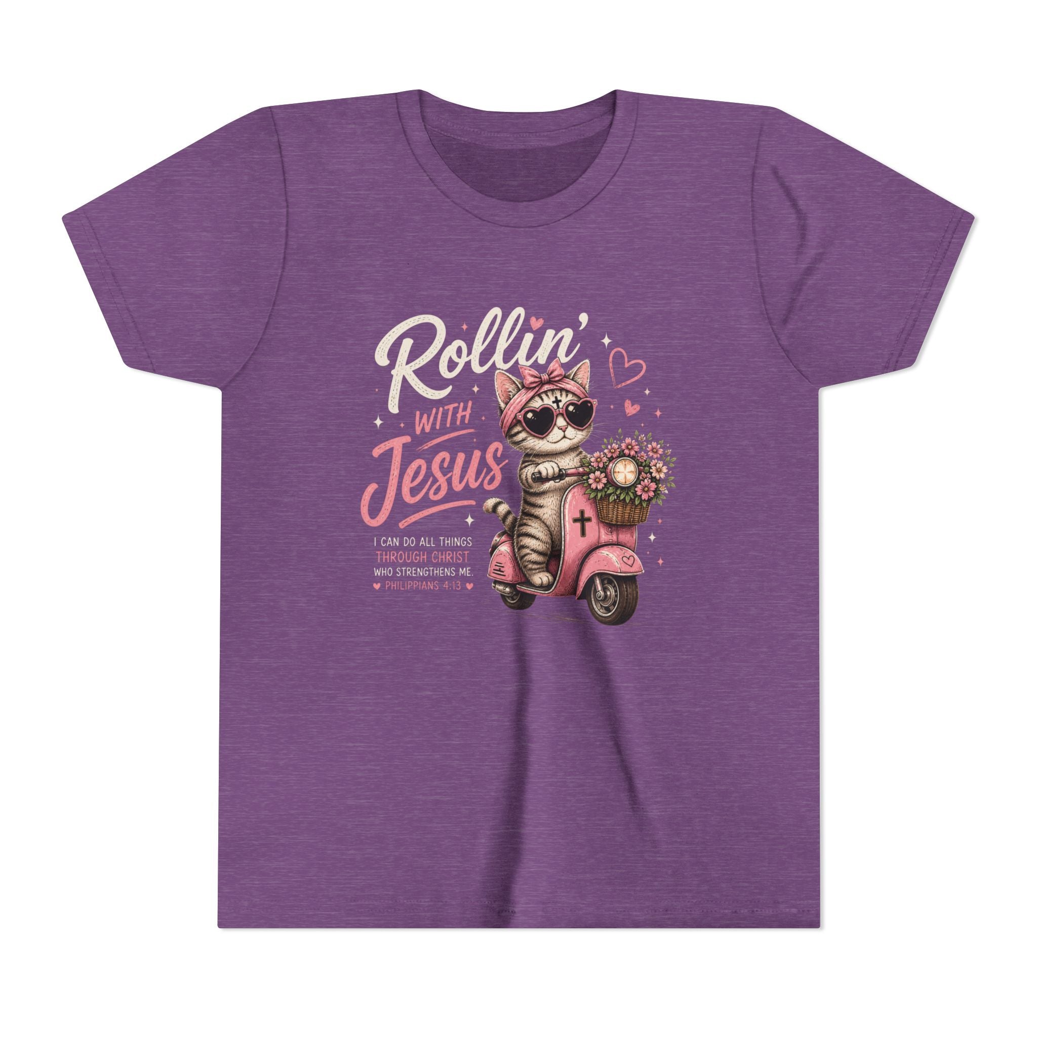 Rollin' with Jesus Cat Shirt | Christian Girl Youth Tee | Cute Bible Verse Shirt