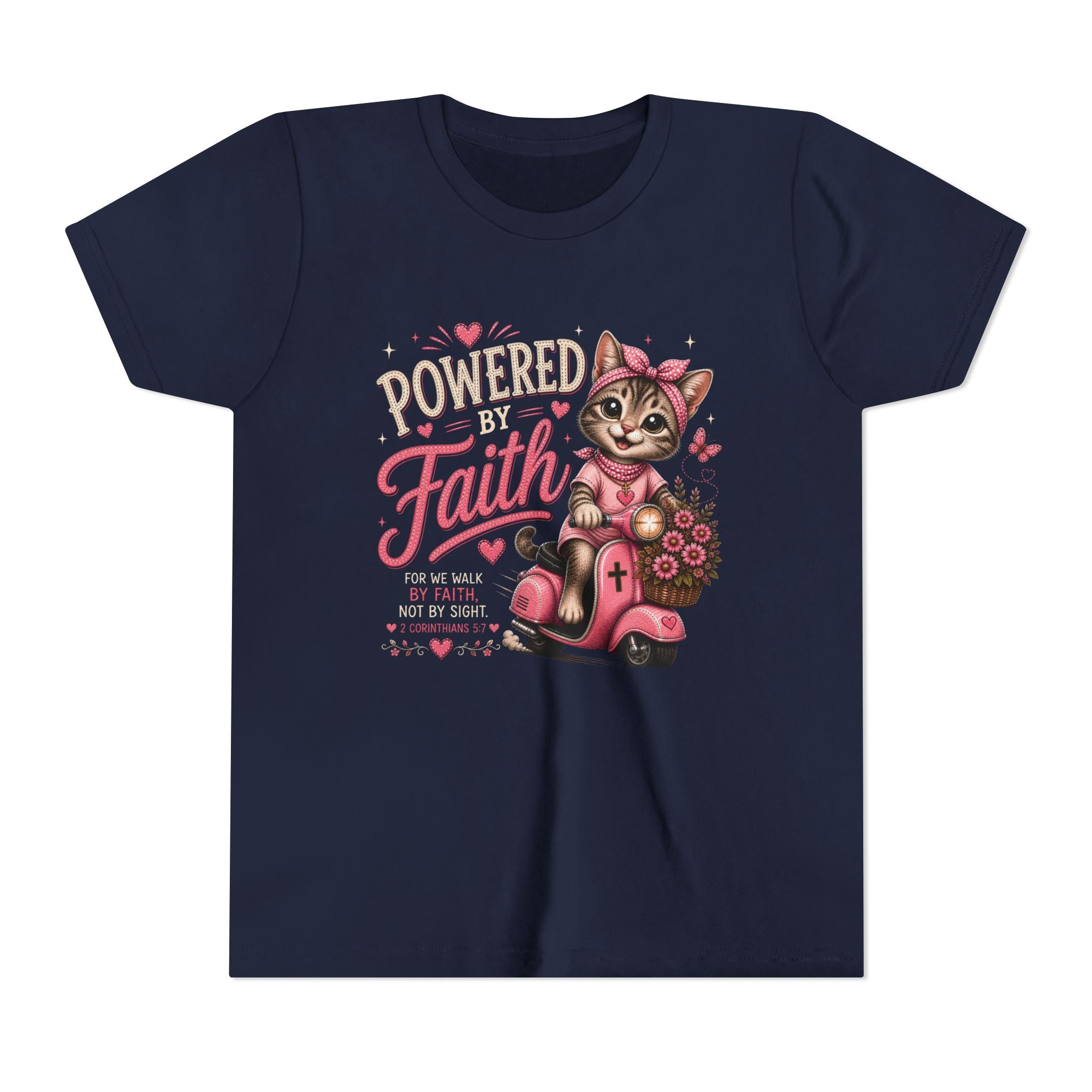 Powered by Faith Cat Shirt | Christian Girl Youth Tee | Cute Bible Verse Shirt