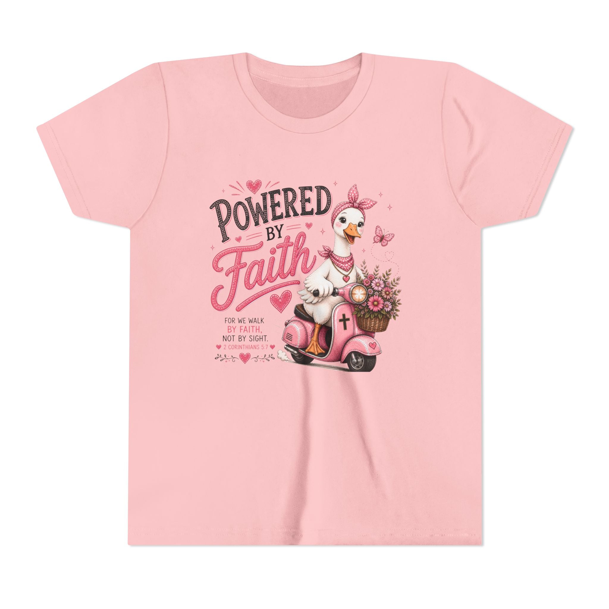Powered by Faith Goose Shirt | Christian Girl Youth Tee | Cute Bible Verse Shirt