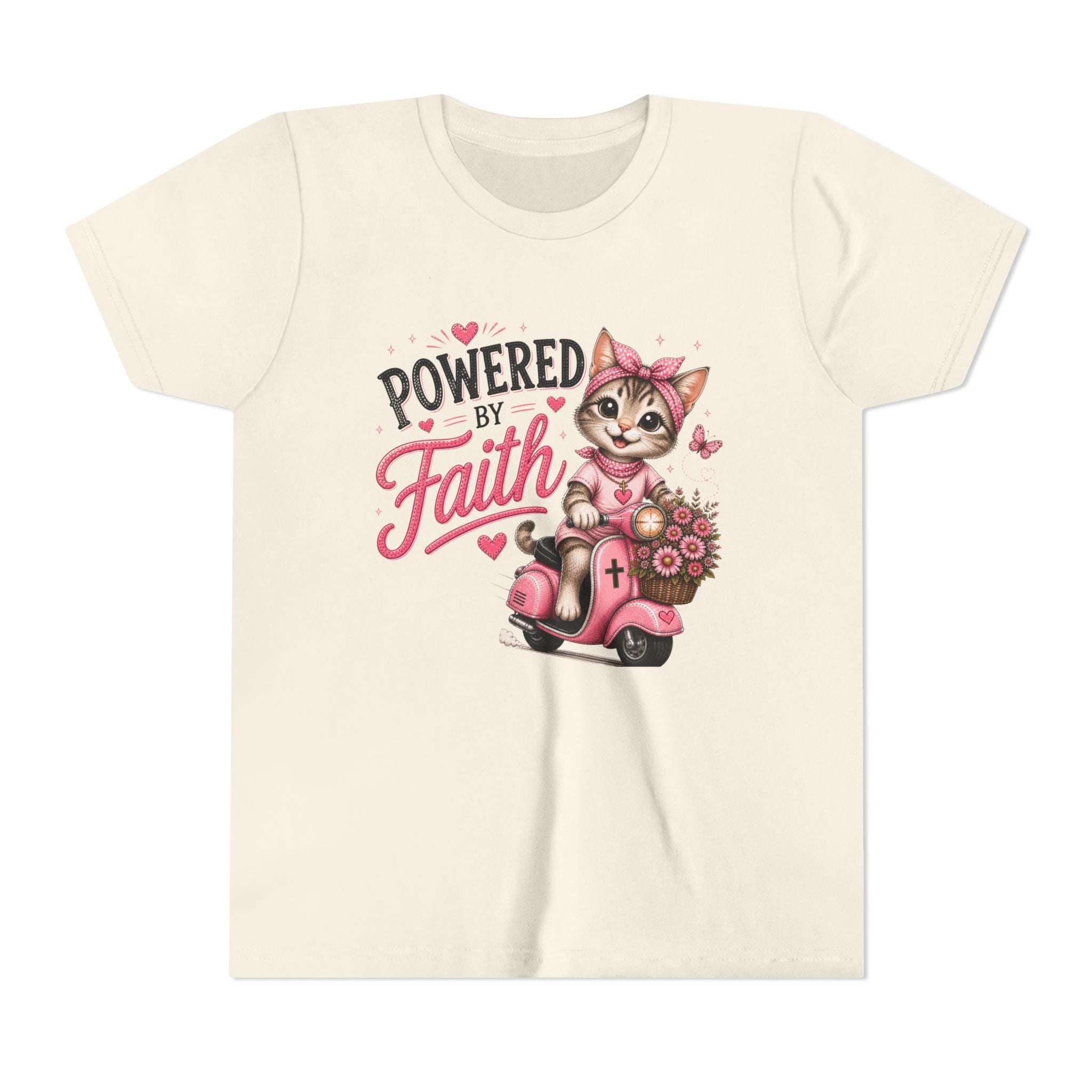 Powered by Faith Cat Shirt for Girls | Christian Youth Tee | Cute Farm Animal Shirt