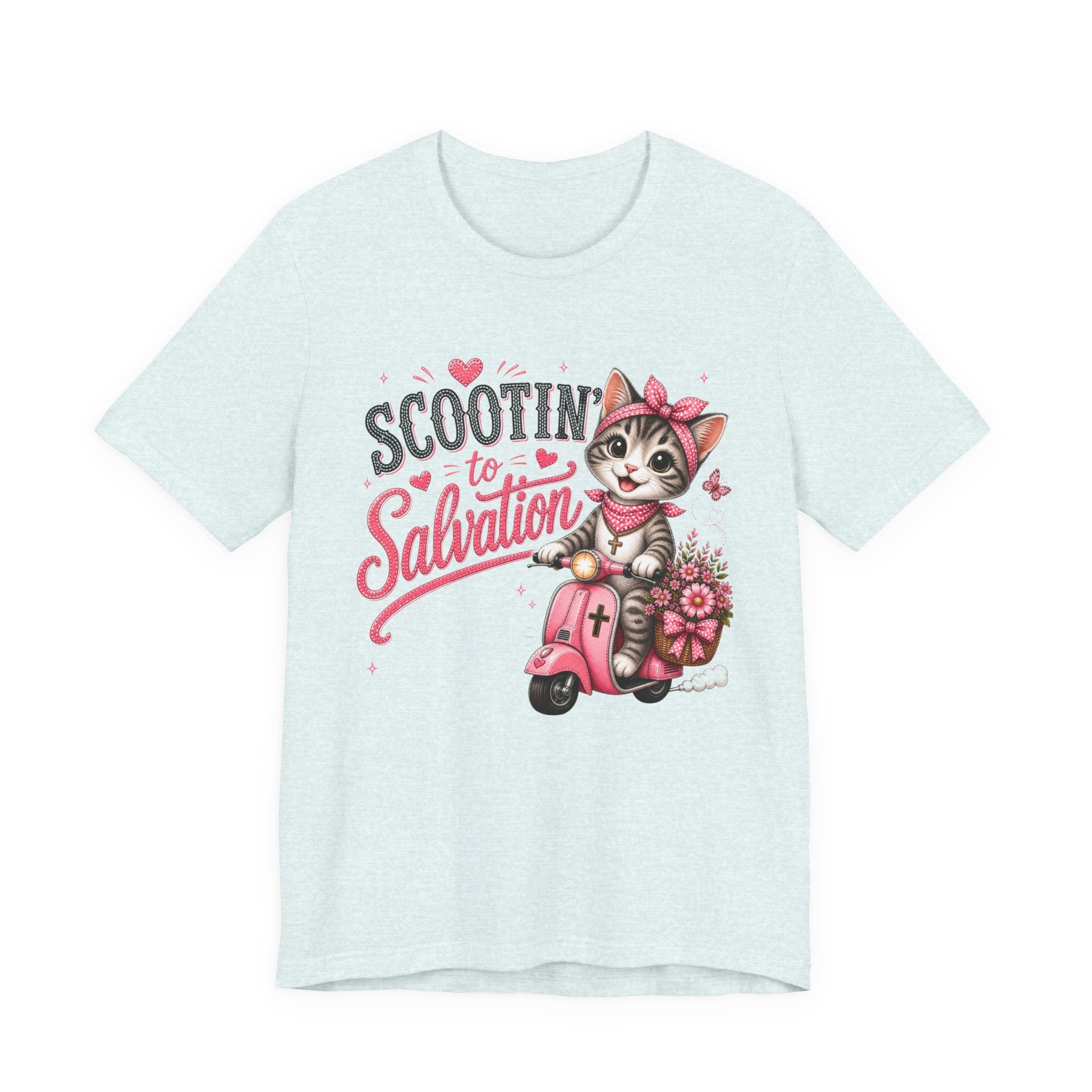 Scootin' to Salvation Cat Shirt for Women | Cute Christian Boutique Tee