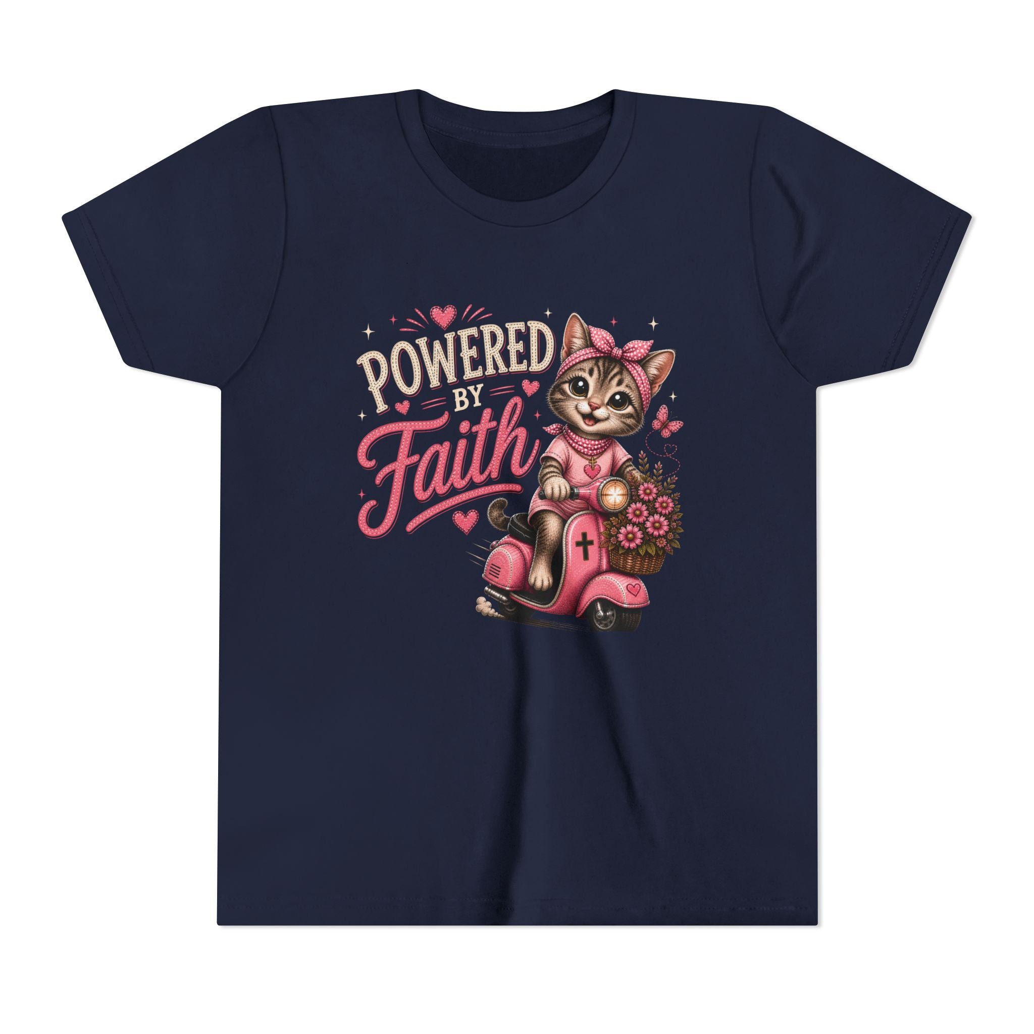 Powered by Faith Cat Shirt for Girls | Christian Youth Tee | Cute Farm Animal Shirt