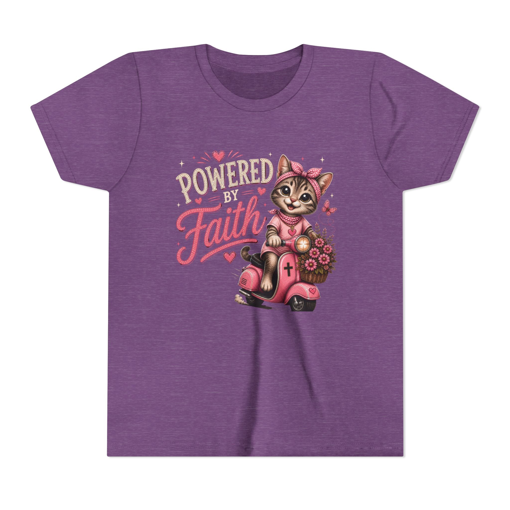 Powered by Faith Cat Shirt for Girls | Christian Youth Tee | Cute Farm Animal Shirt