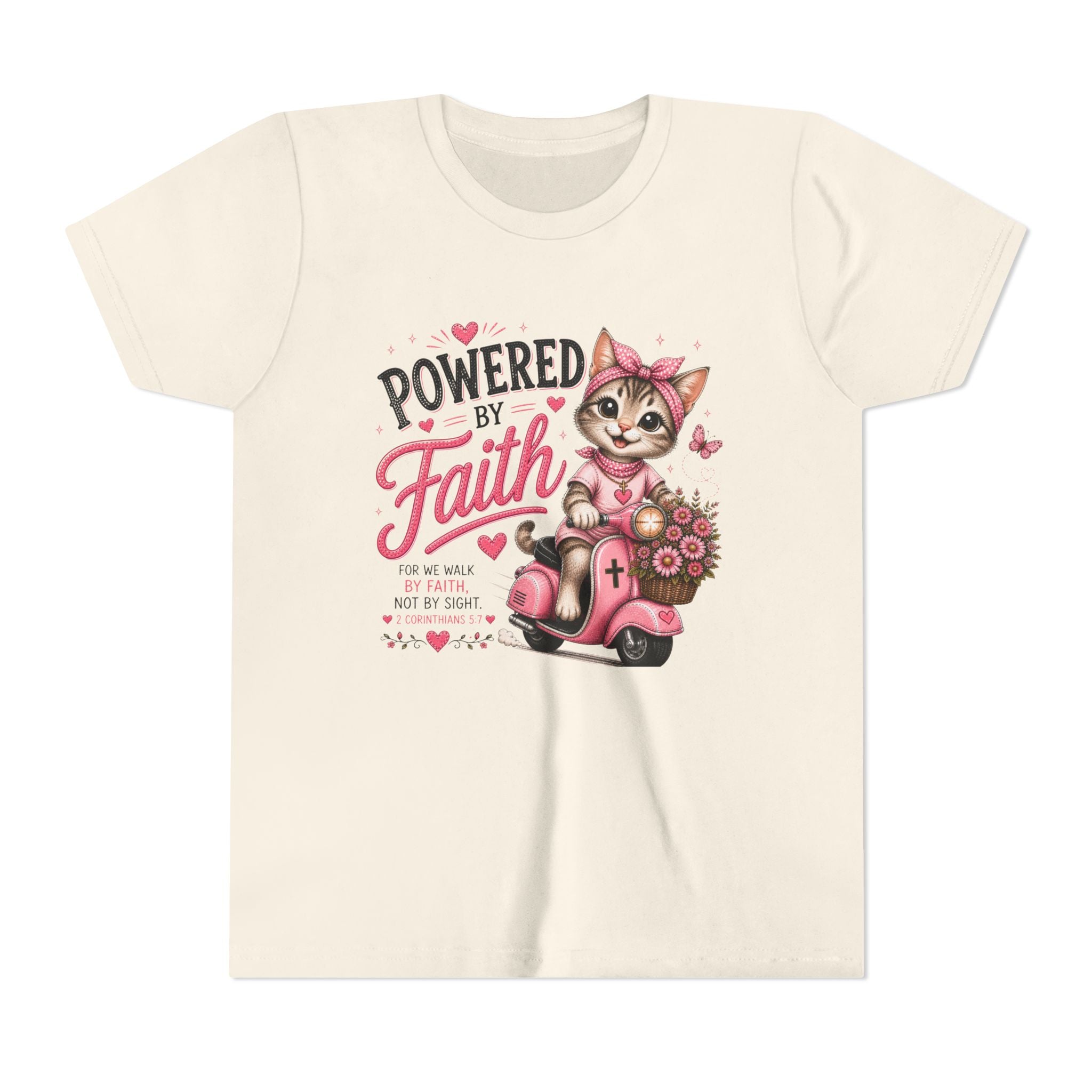 Powered by Faith Cat Shirt | Christian Girl Youth Tee | Cute Bible Verse Shirt