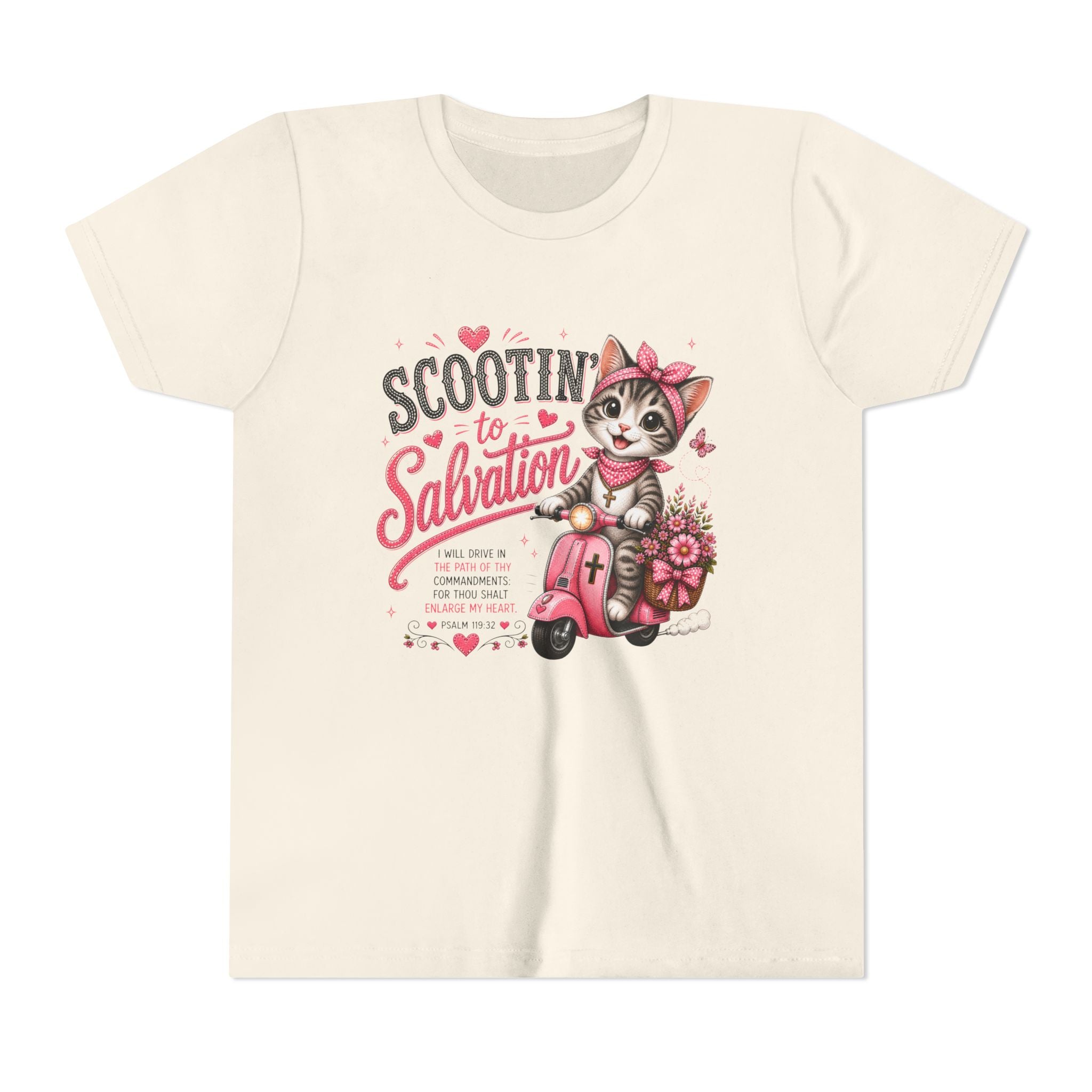 Scootin’ to Salvation Cat Shirt | Christian Girl Youth Tee | Cute Bible Verse Shirt