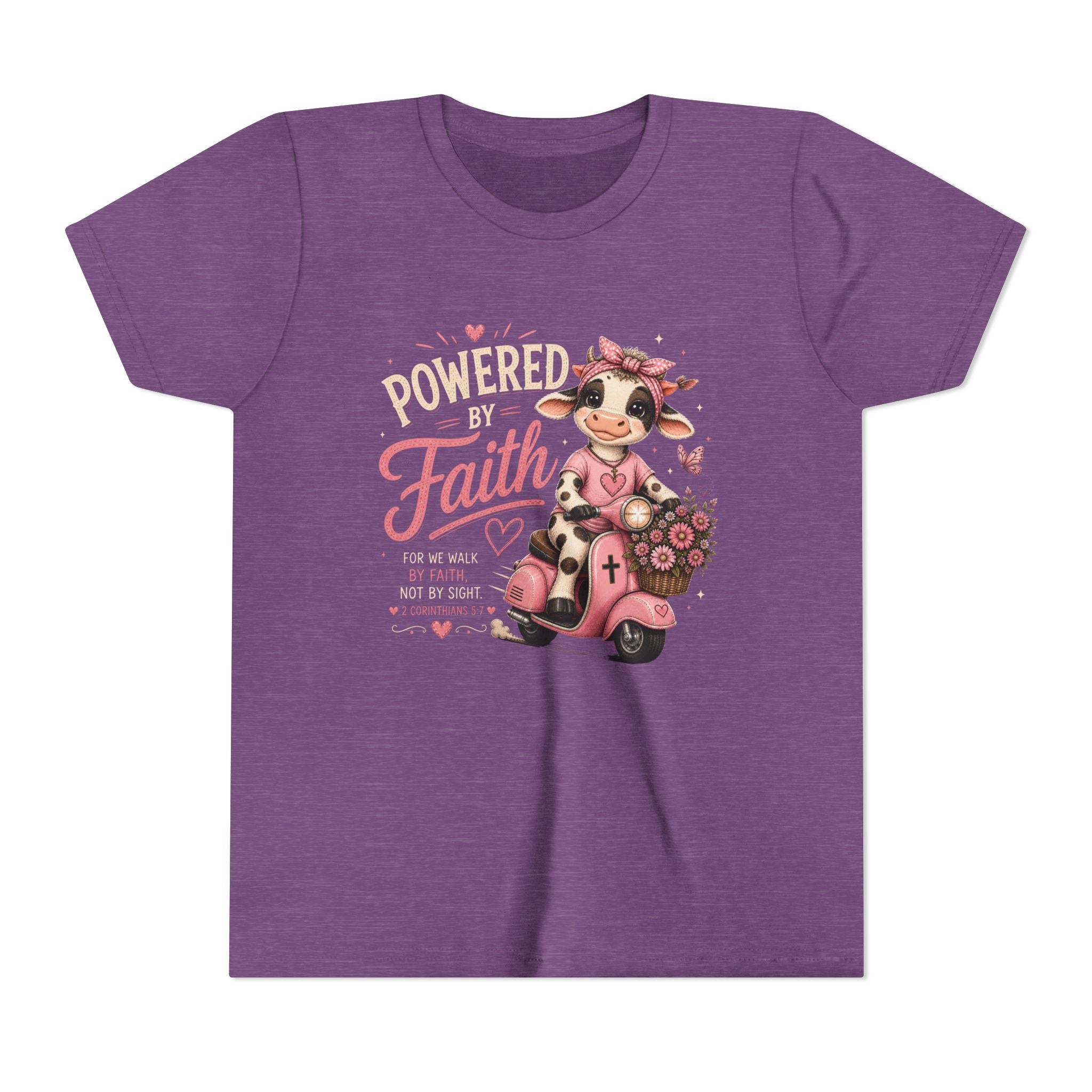 Powered by Faith Cow Shirt | Christian Girl Youth Tee | Cute Bible Verse Shirt