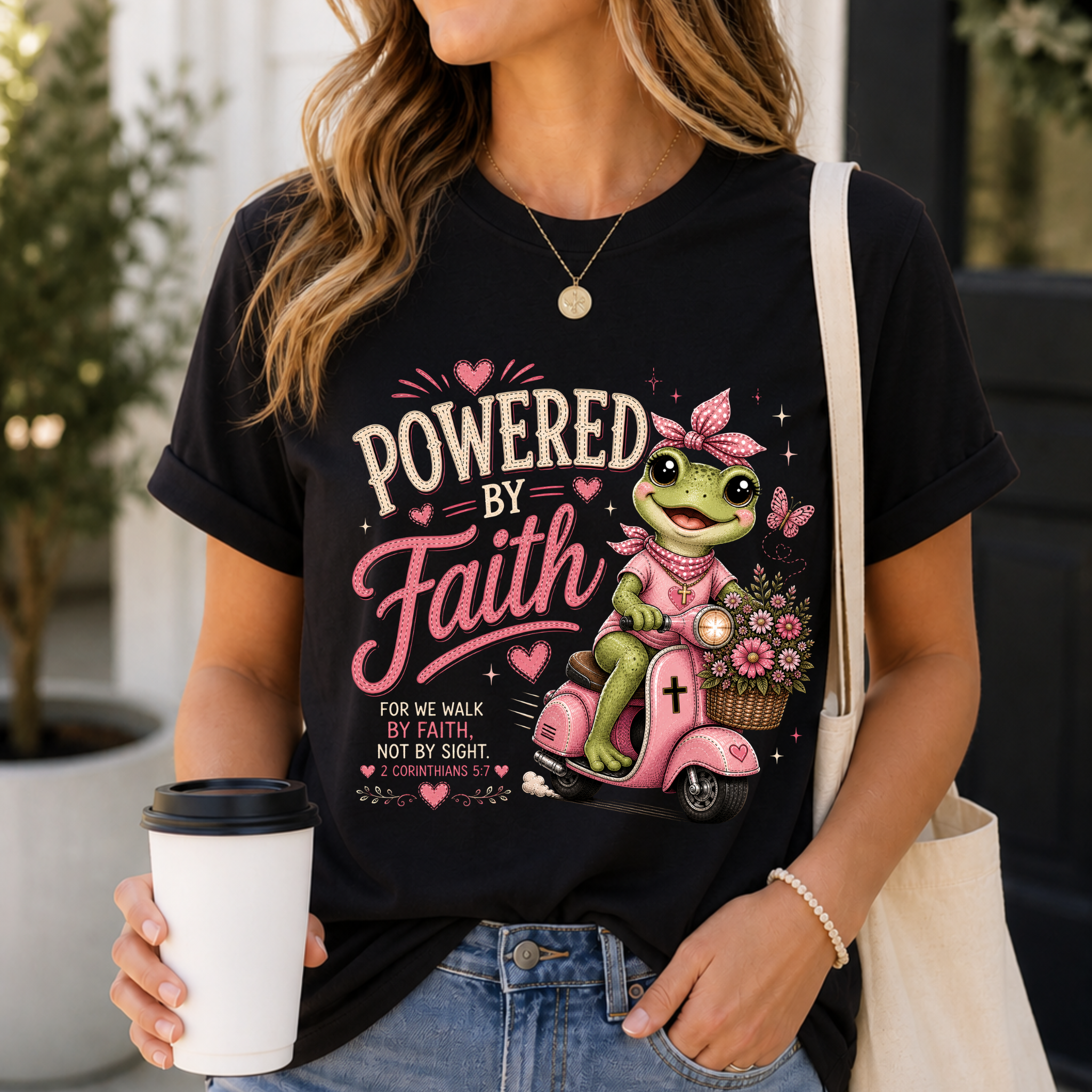 Powered by Faith Frog Shirt for Women | Cute Christian Bible Verse Tee