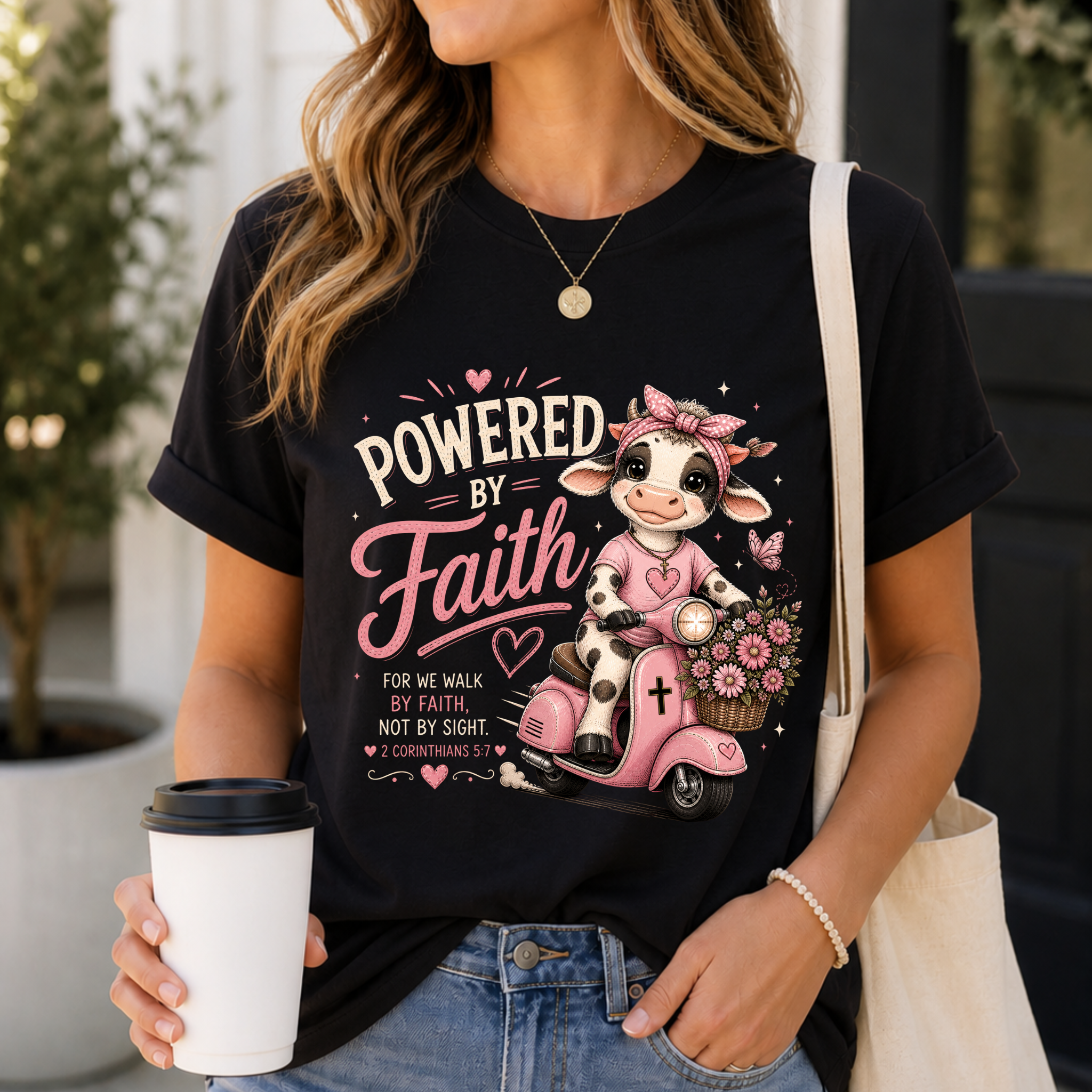 Powered by Faith Cow Shirt for Women | Cute Christian Bible Verse Tee