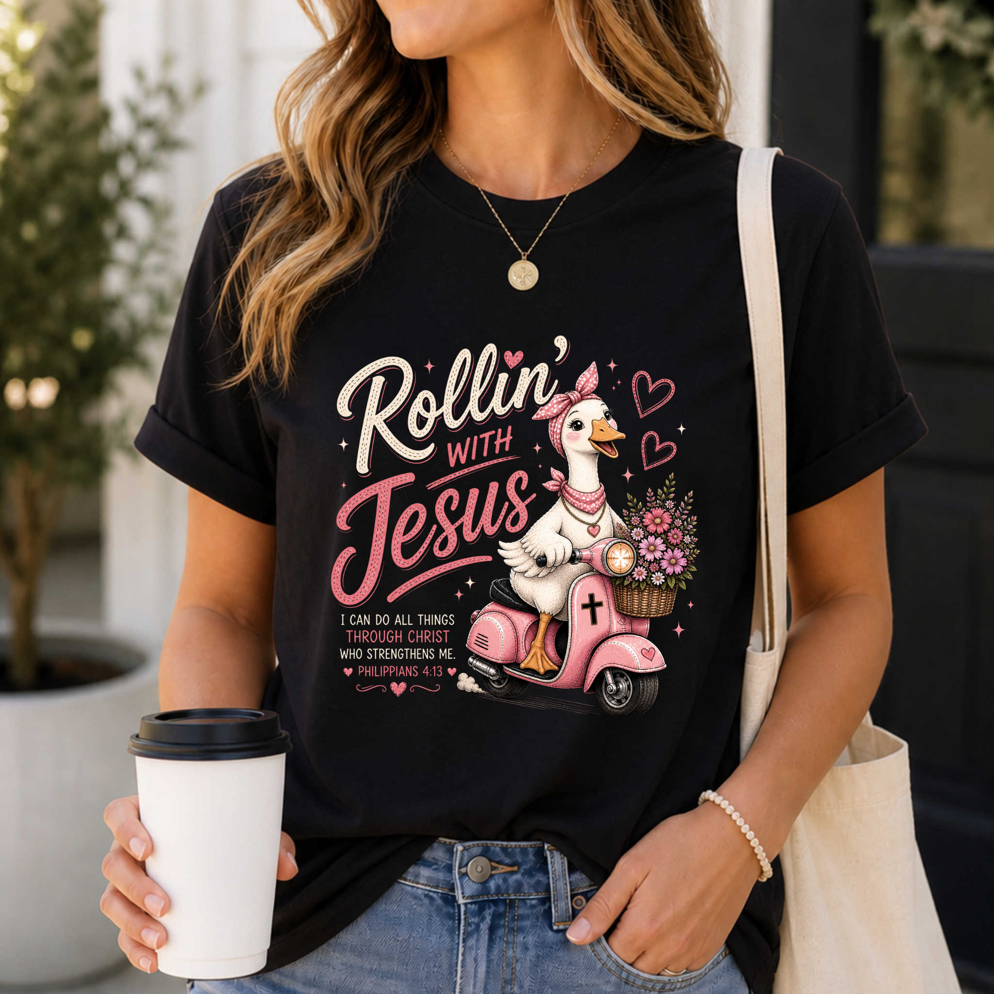 Rollin' with Jesus Goose Shirt for Women | Cute Christian Bible Verse Tee