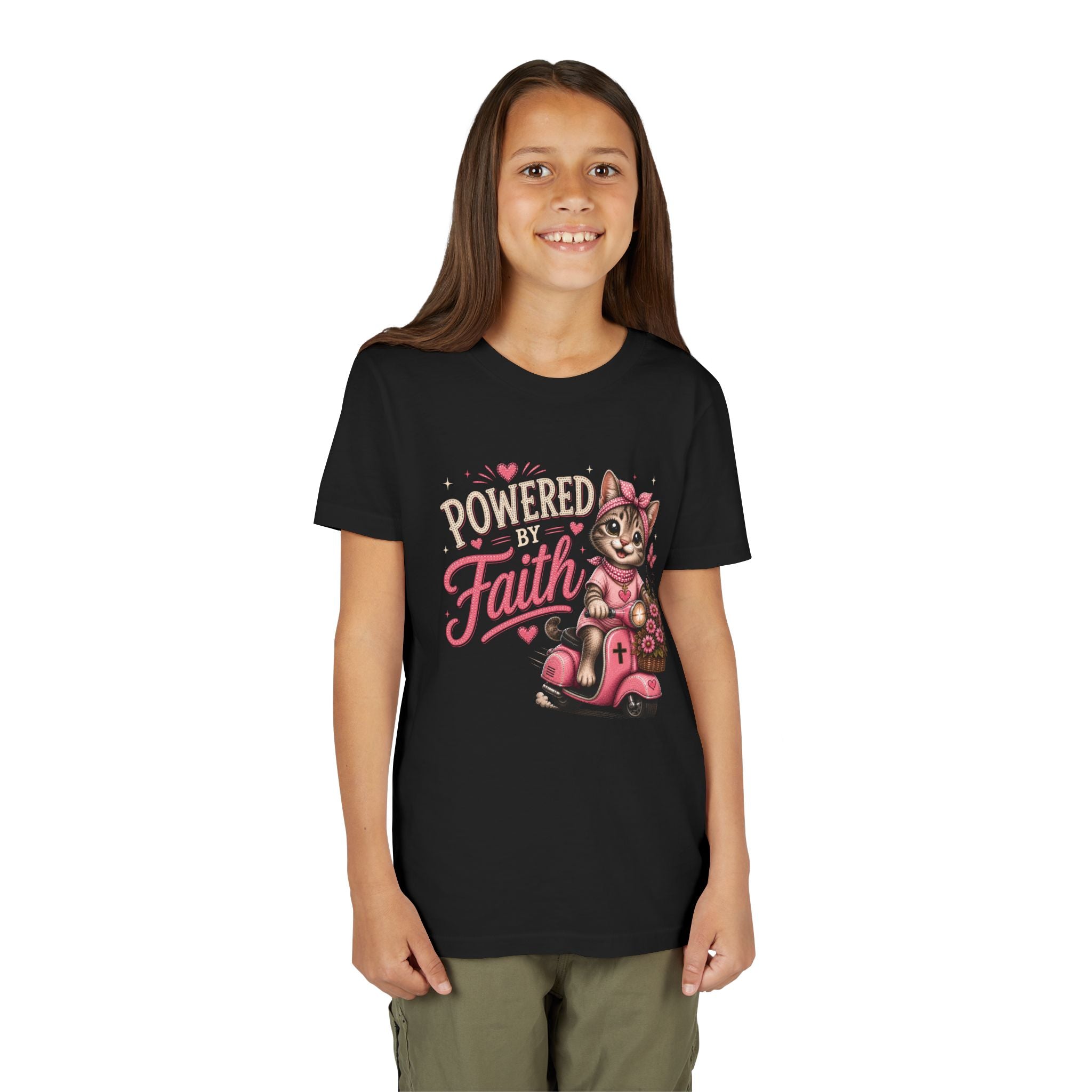 Powered by Faith Cat Shirt for Girls | Christian Youth Tee | Cute Farm Animal Shirt