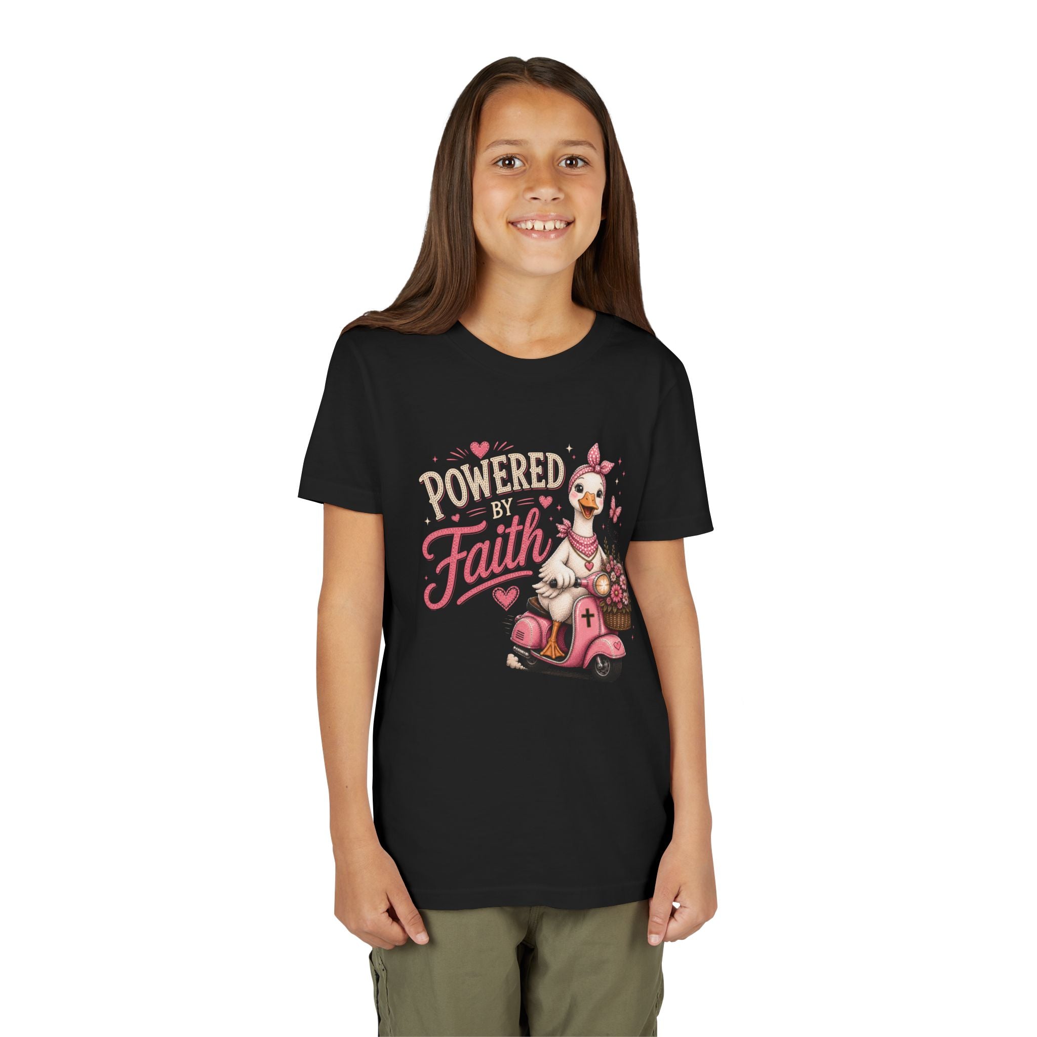 Powered by Faith Goose Shirt for Girls | Christian Youth Tee | Cute Farm Animal Shirt