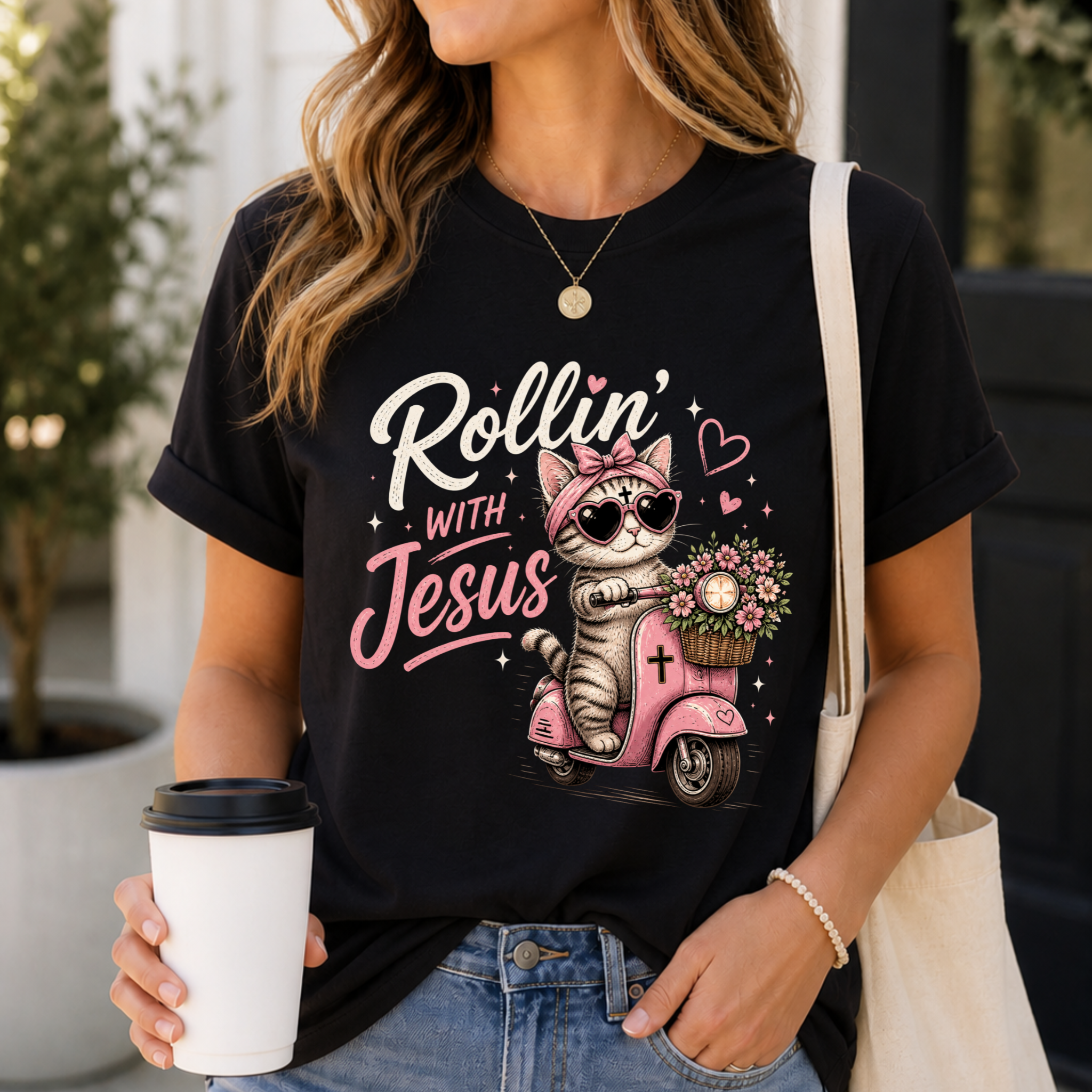 Rollin' with Jesus Cat Shirt for Women | Cute Christian Boutique Tee