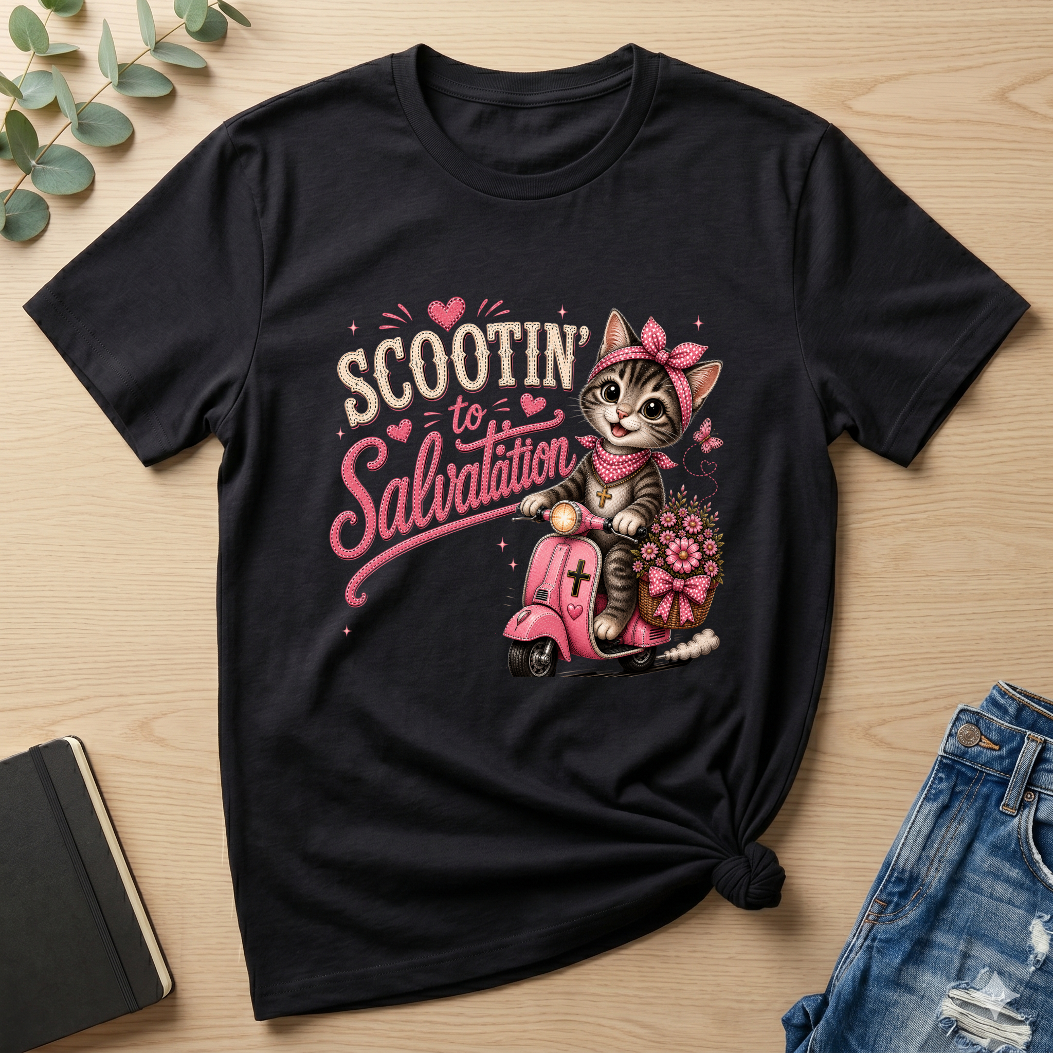 Scootin' to Salvation Cat Shirt for Girls | Christian Youth Tee | Cute Farm Animal Shirt