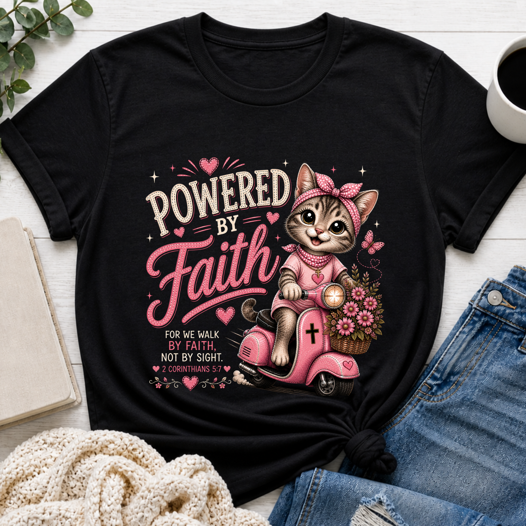 Powered by Faith Cat Shirt | Christian Girl Youth Tee | Cute Bible Verse Shirt