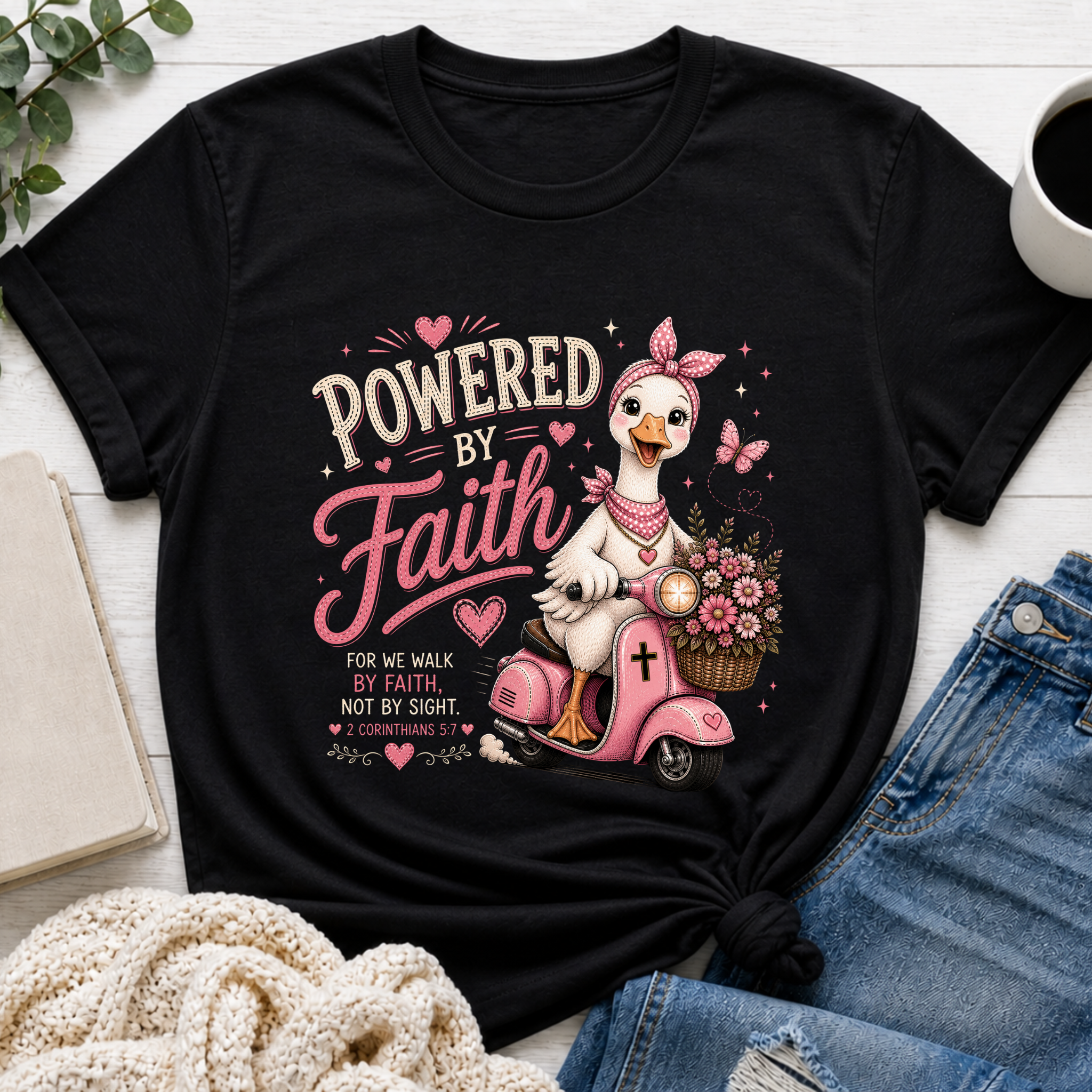 Powered by Faith Goose Shirt | Christian Girl Youth Tee | Cute Bible Verse Shirt