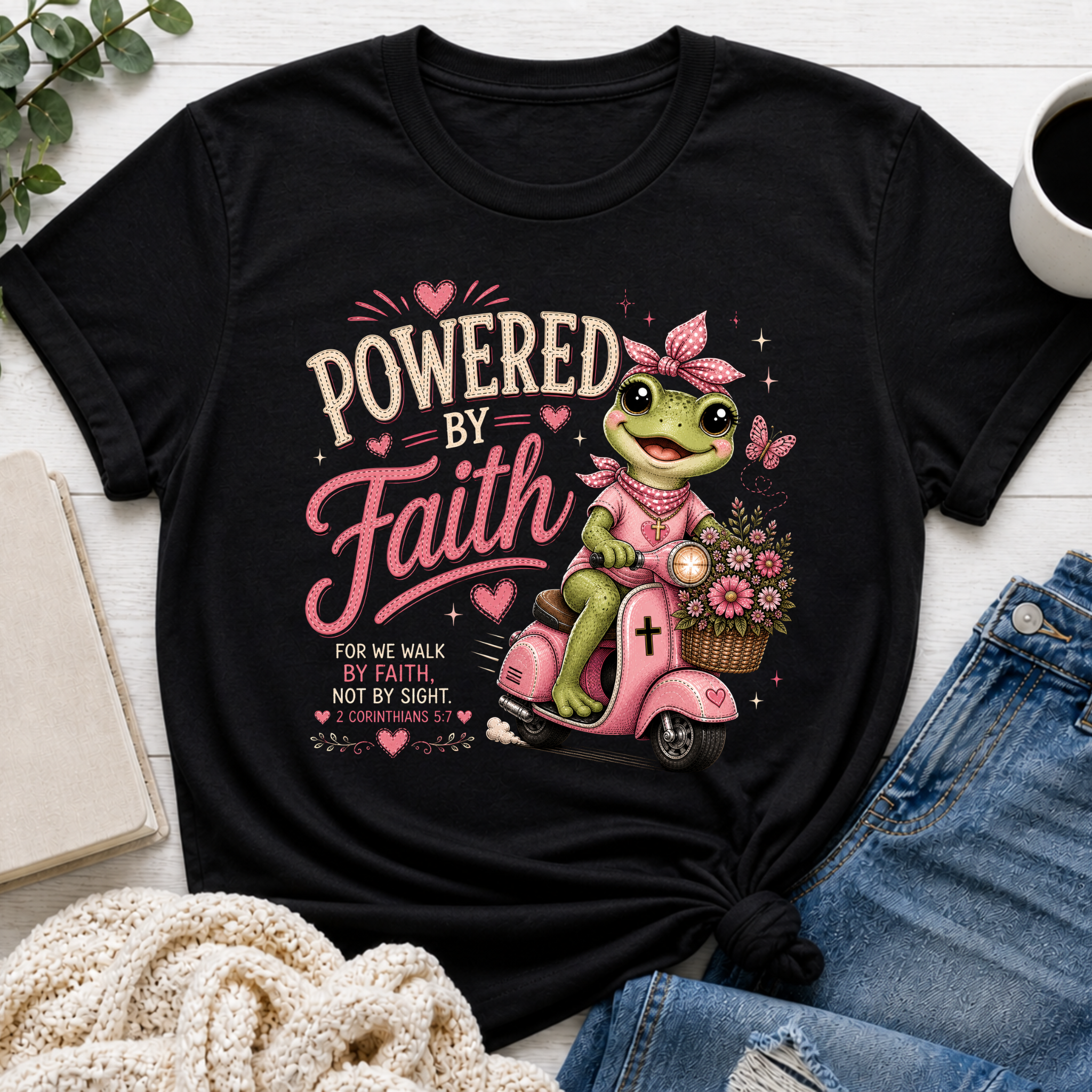 Powered by Faith Frog Shirt | Christian Girl Youth Tee | Cute Bible Verse Shirt