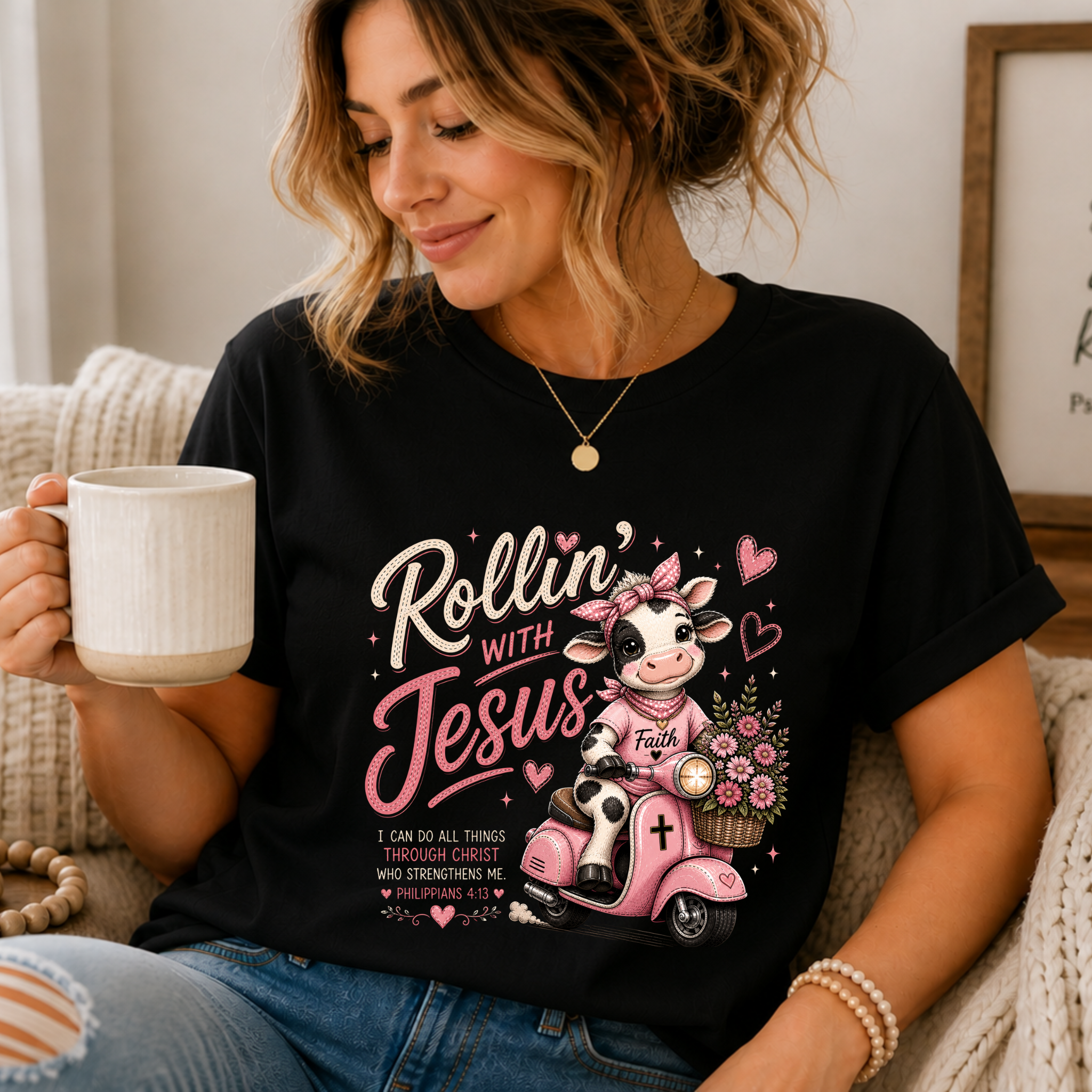 Rollin' with Jesus Cow Shirt for Women | Cute Christian Bible Verse Tee