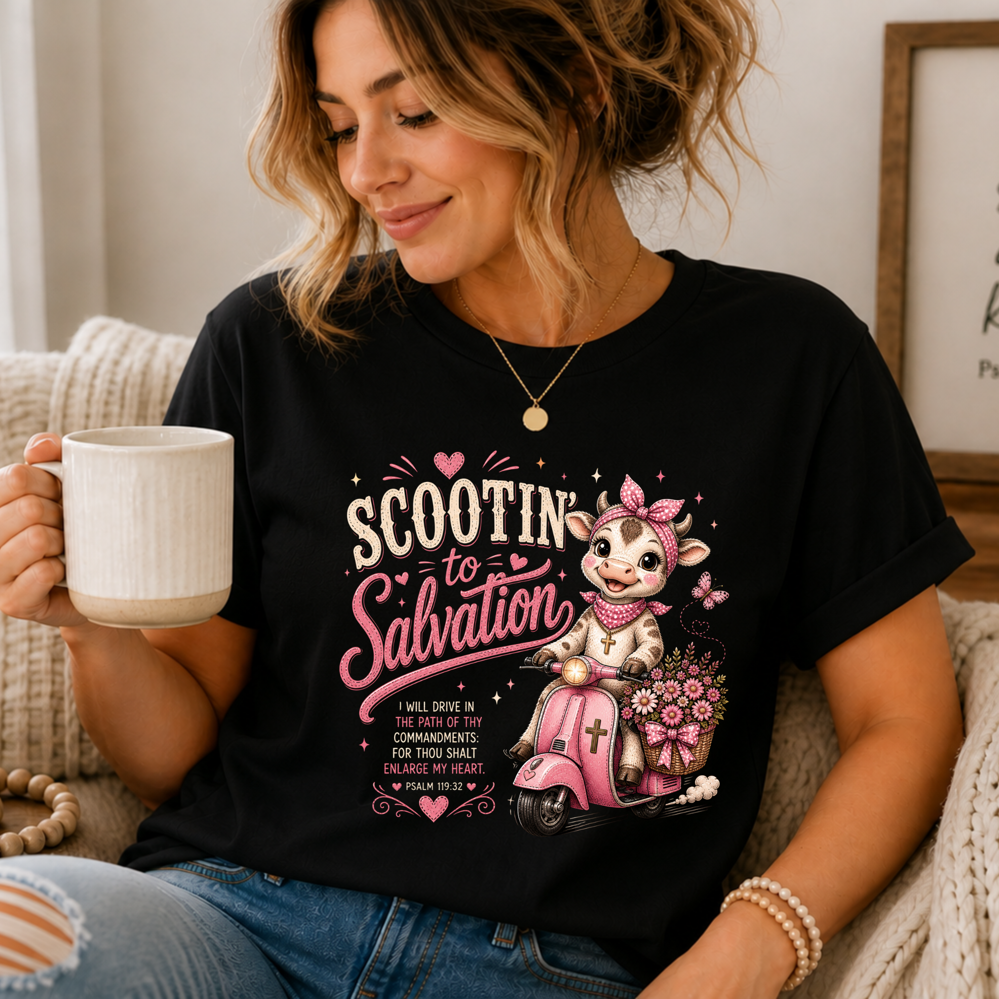 Scootin' to Salvation Cow Shirt for Women | Cute Christian Bible Verse Tee