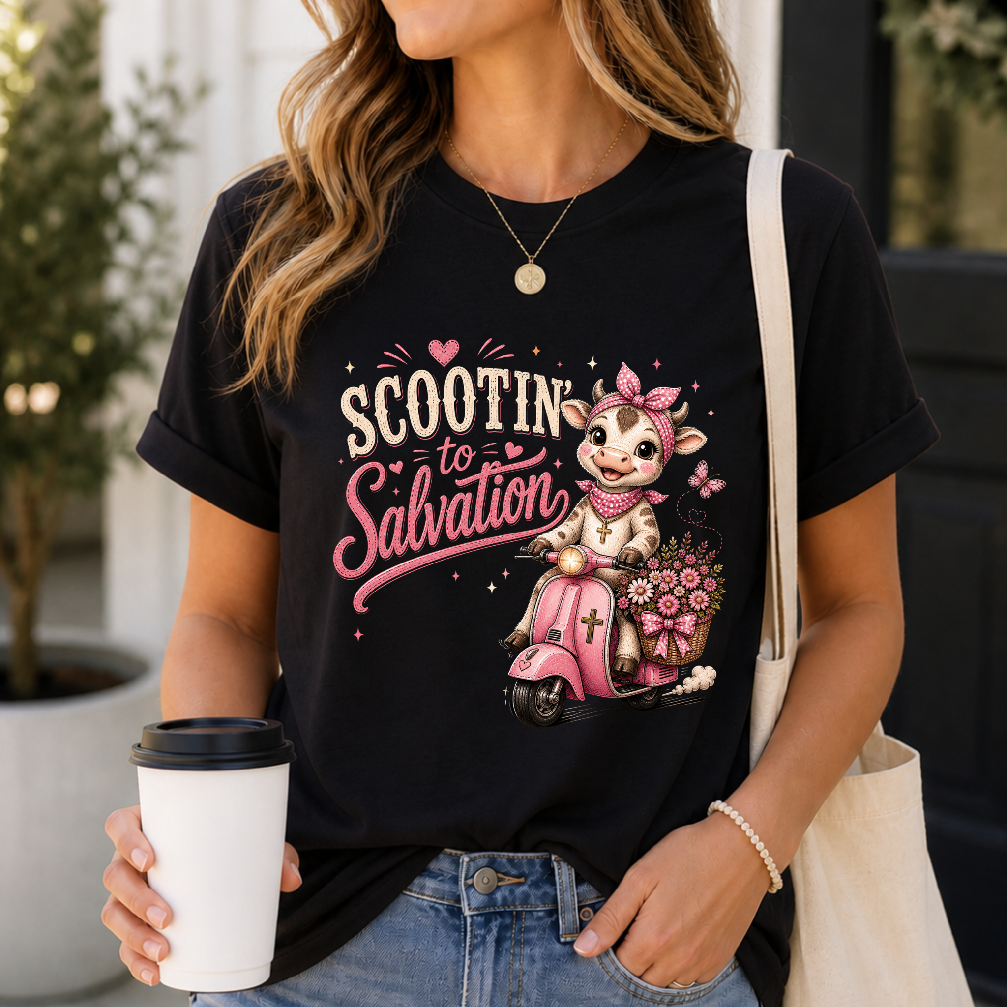 Scootin' to Salvation Cow Shirt for Women | Cute Christian Boutique Tee