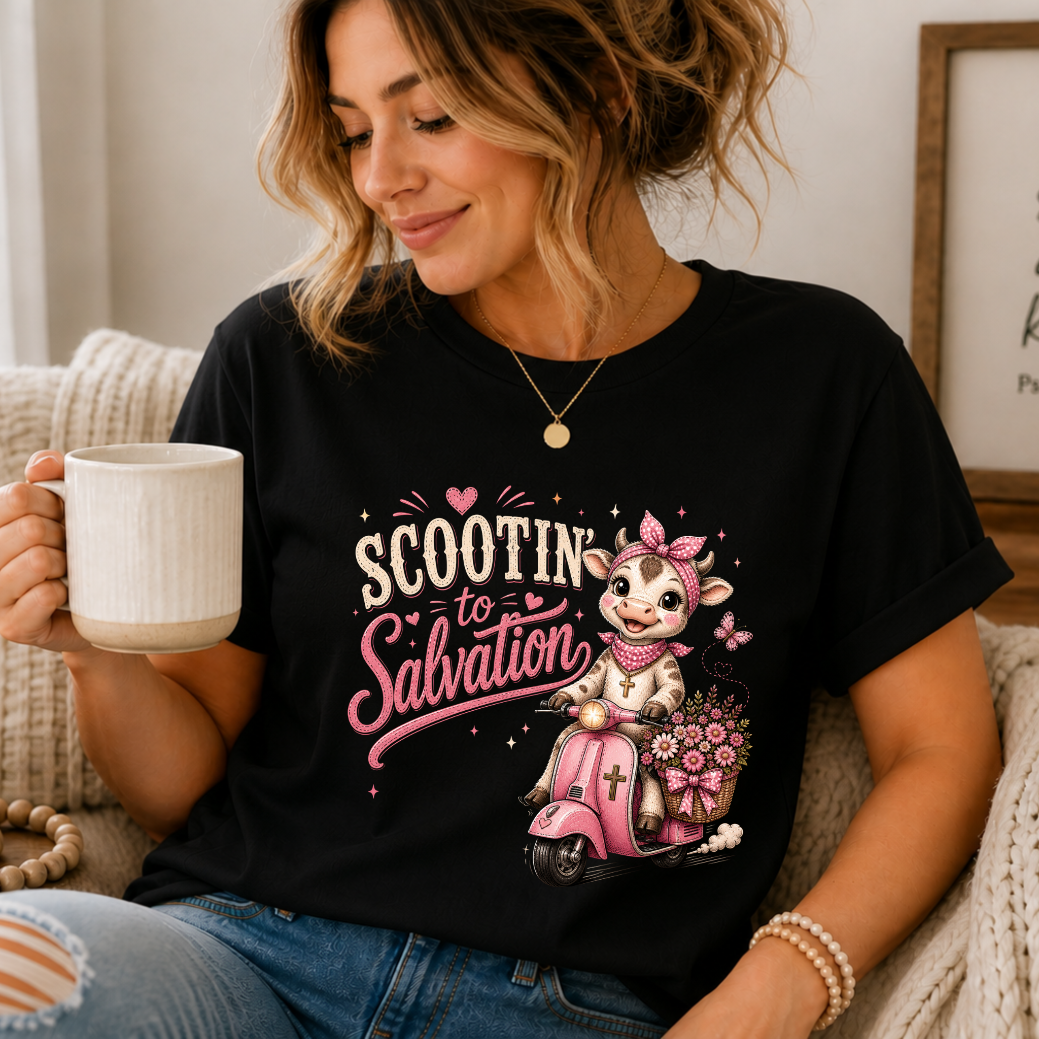 Scootin' to Salvation Cow Shirt for Women | Cute Christian Boutique Tee