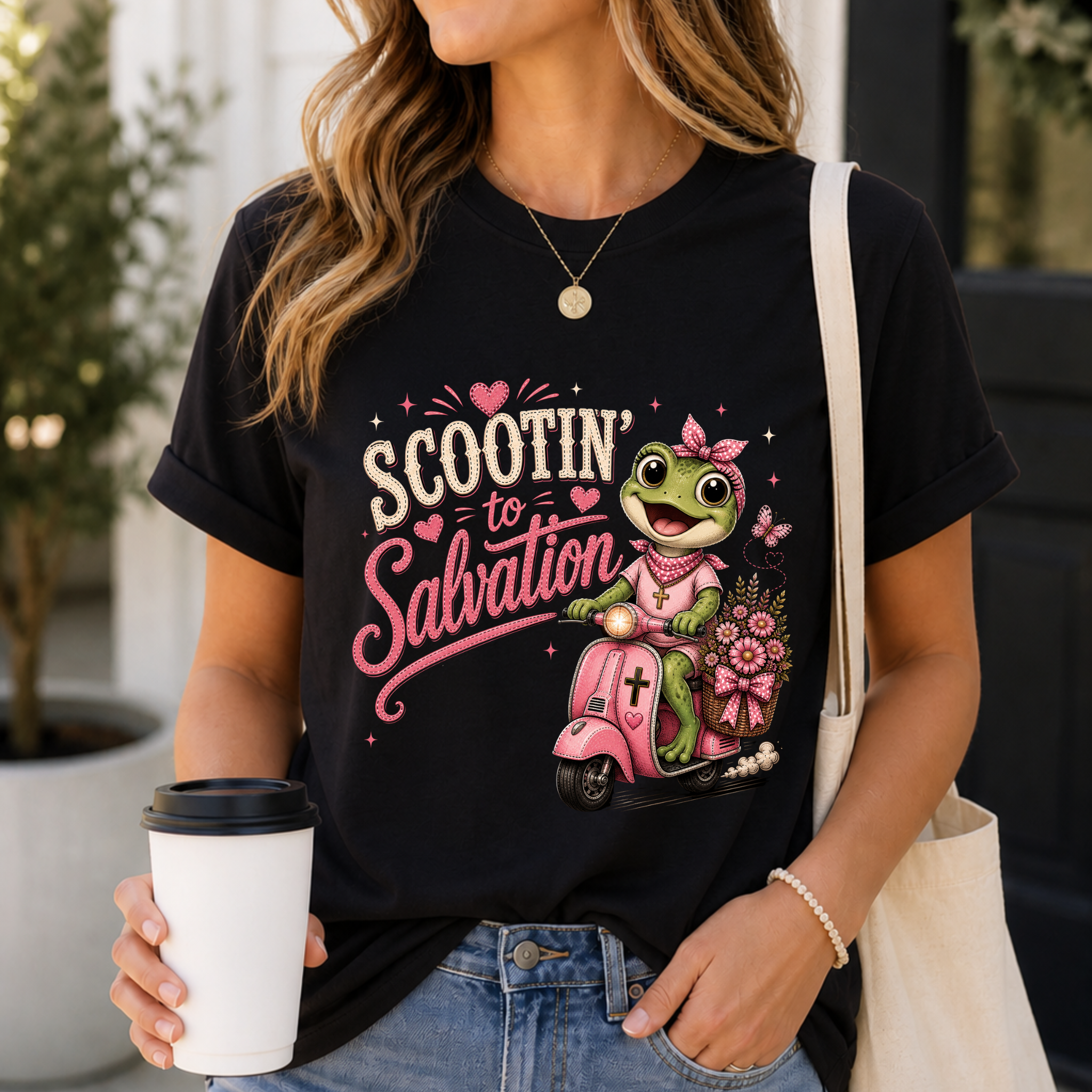 Scootin' to Salvation Frog Shirt for Women | Cute Christian Boutique Tee