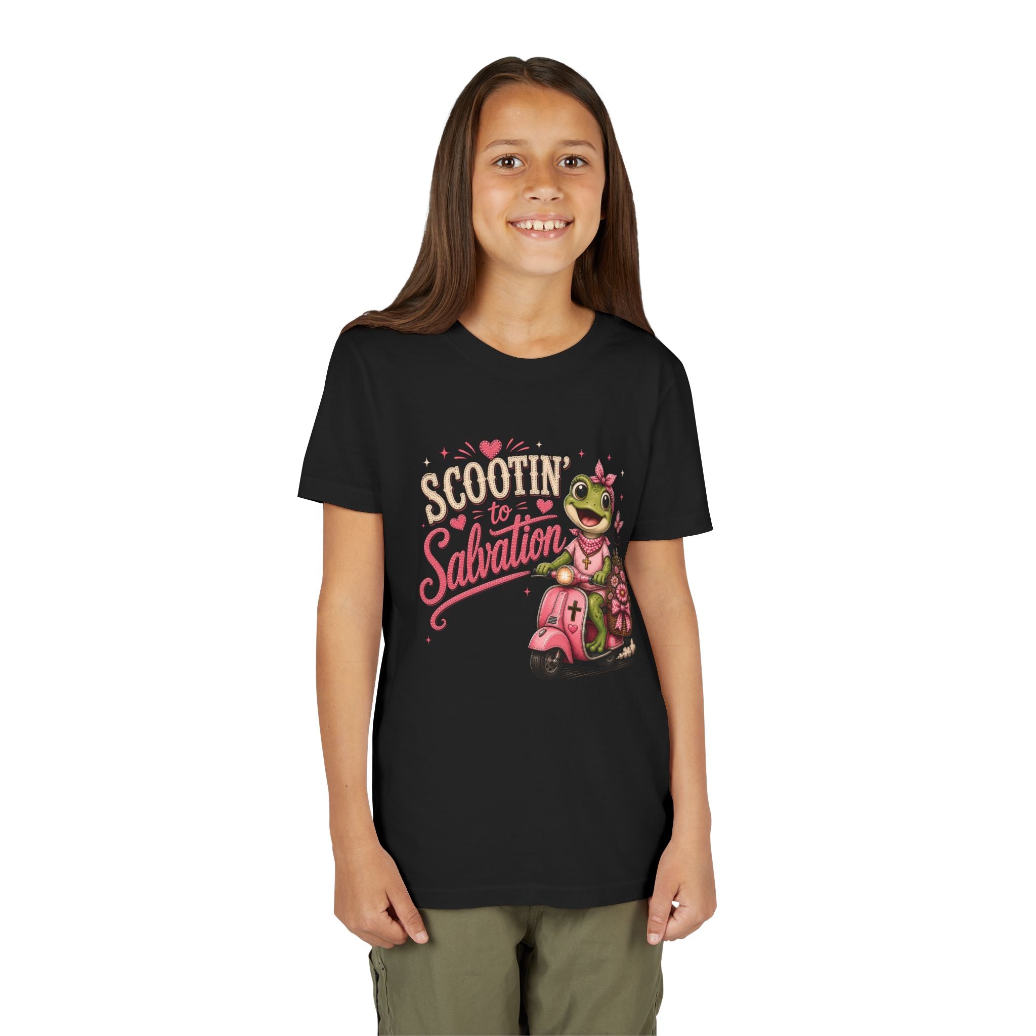 Scootin' to Salvation Frog Shirt for Girls | Christian Youth Tee | Cute Farm Animal Shirt