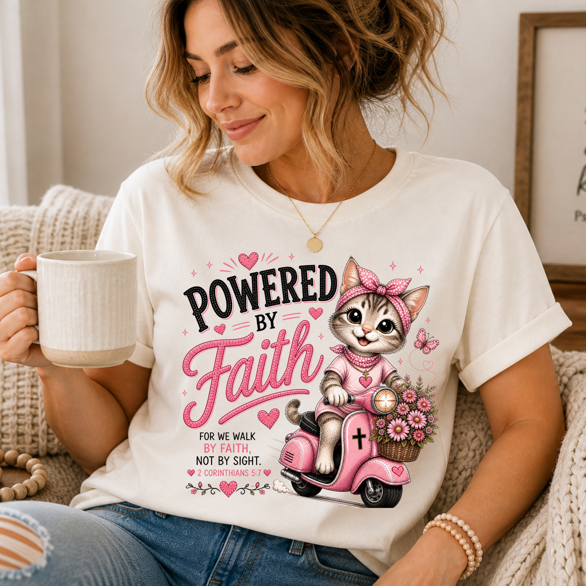 Powered by Faith Cat Shirt for Women | Cute Christian Bible Verse Tee