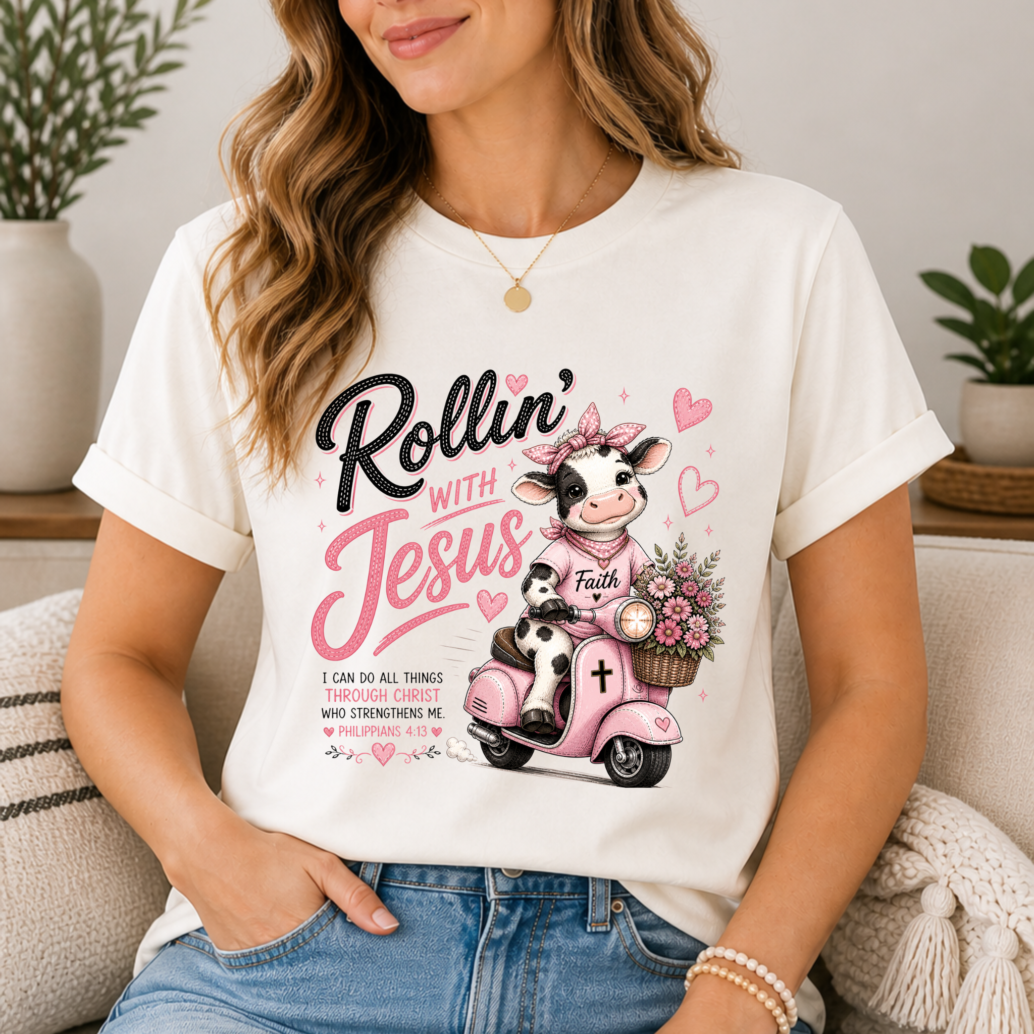 Rollin' with Jesus Cow Shirt for Women | Cute Christian Bible Verse Tee