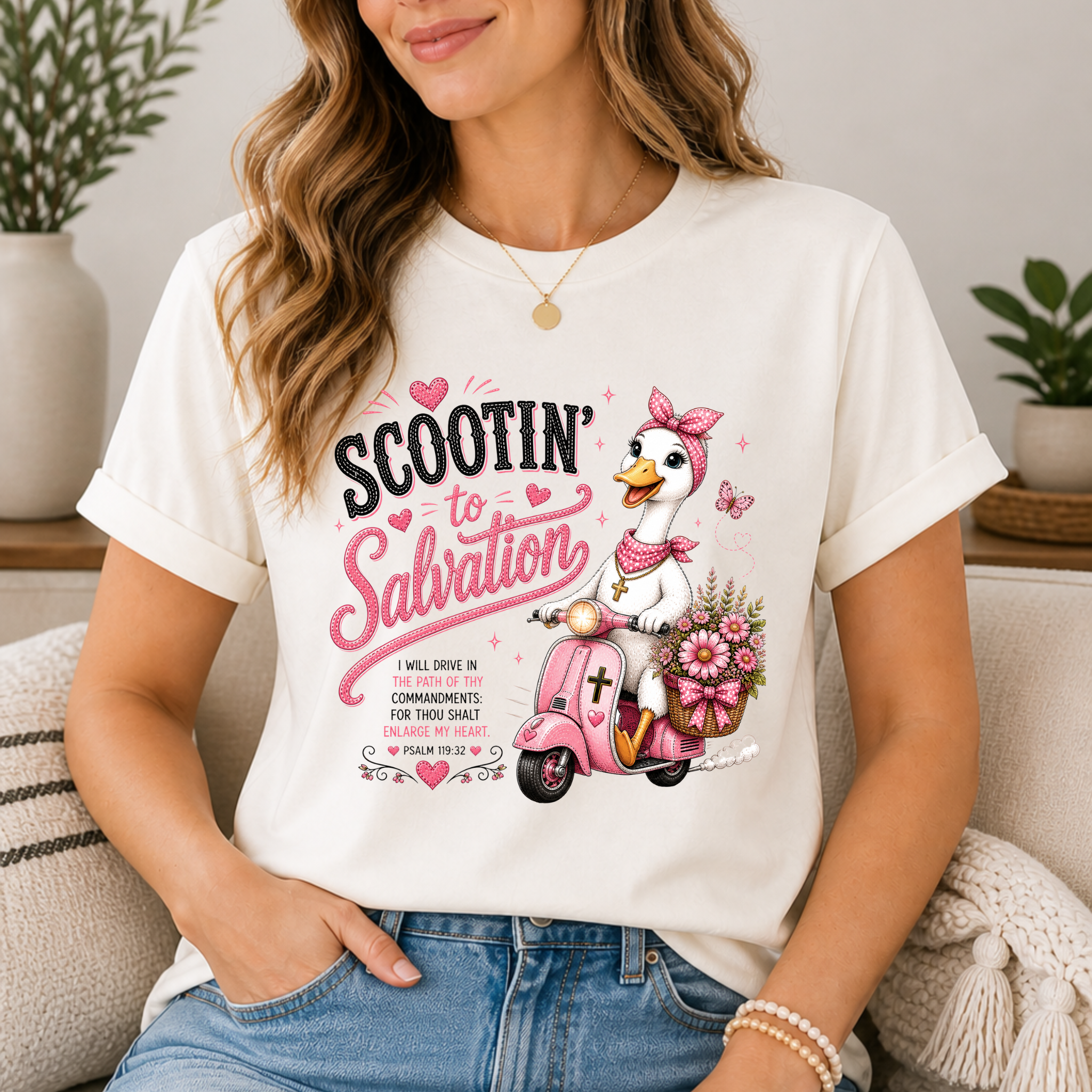 Scootin' to Salvation Goose Shirt for Women | Cute Christian Bible Verse Tee