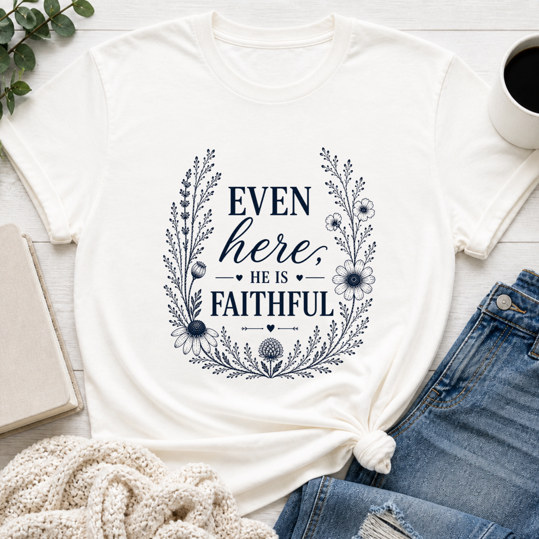 Even here he is Faithful | Inspirational Christian Tee for Women