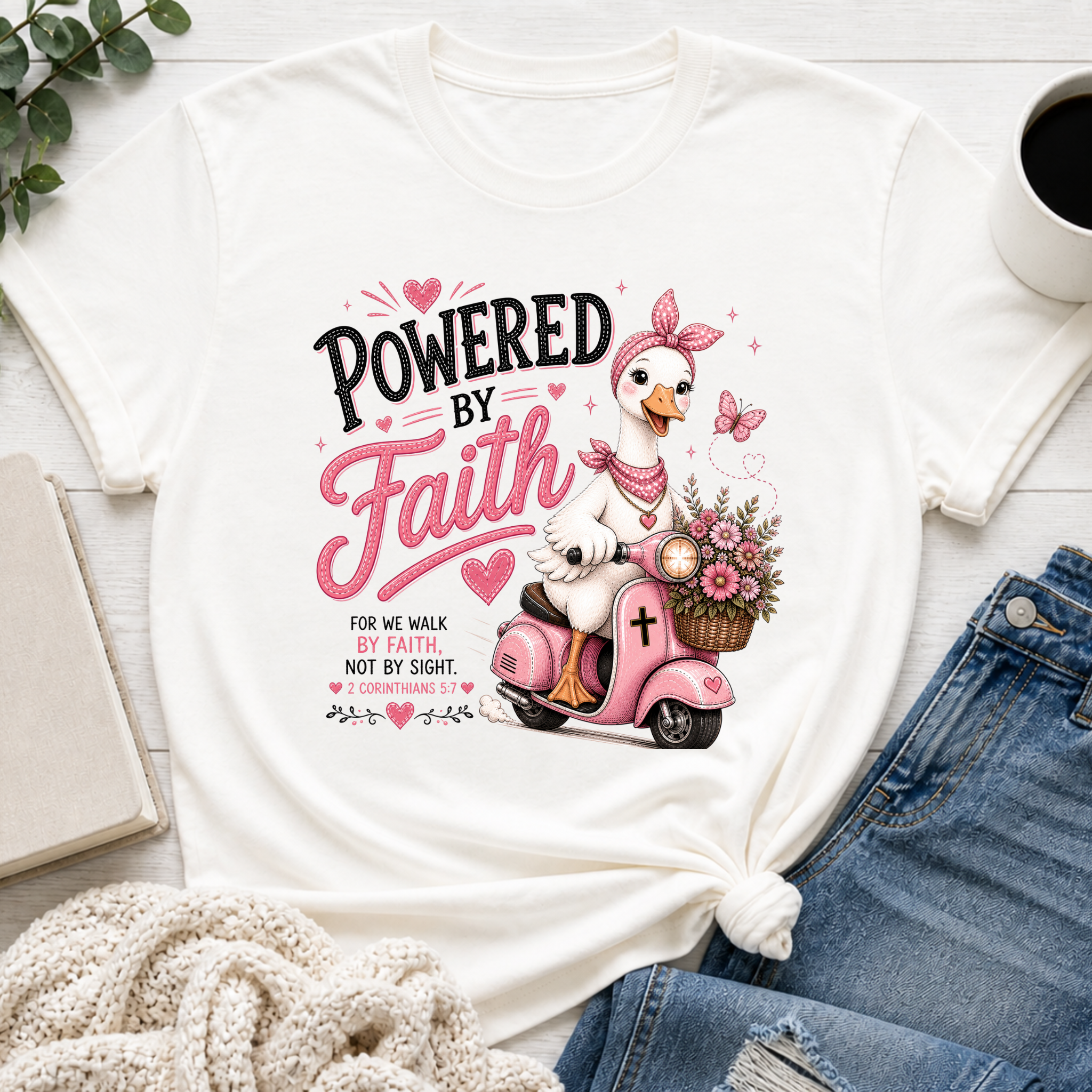 Powered by Faith Goose Shirt | Christian Girl Youth Tee | Cute Bible Verse Shirt