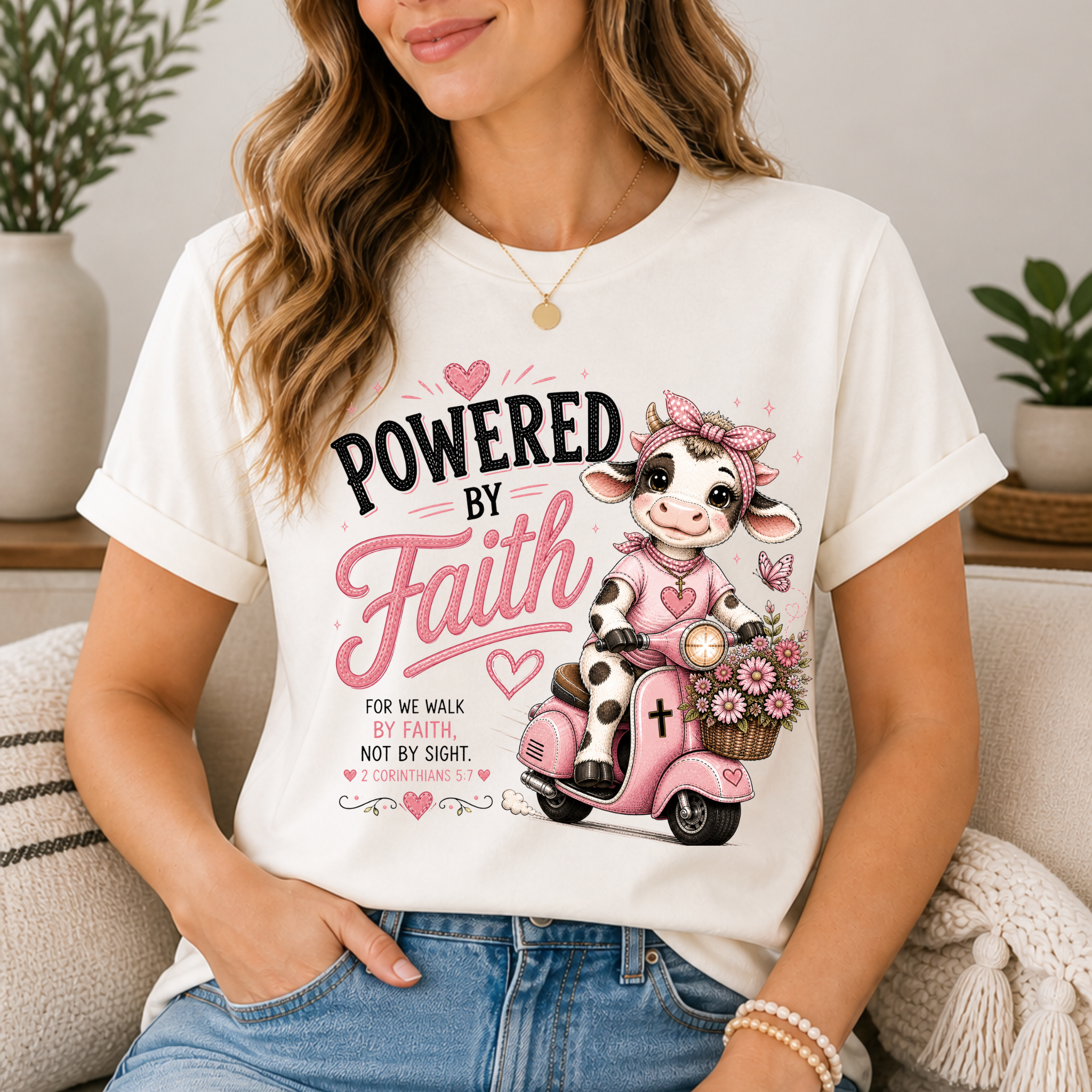 Powered by Faith Cow Shirt for Women | Cute Christian Bible Verse Tee