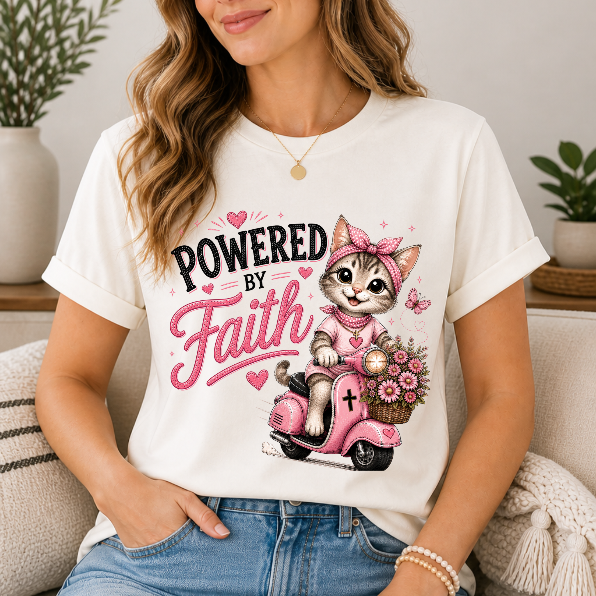 Powered by Faith Cat Shirt for Women | Cute Christian Boutique Tee