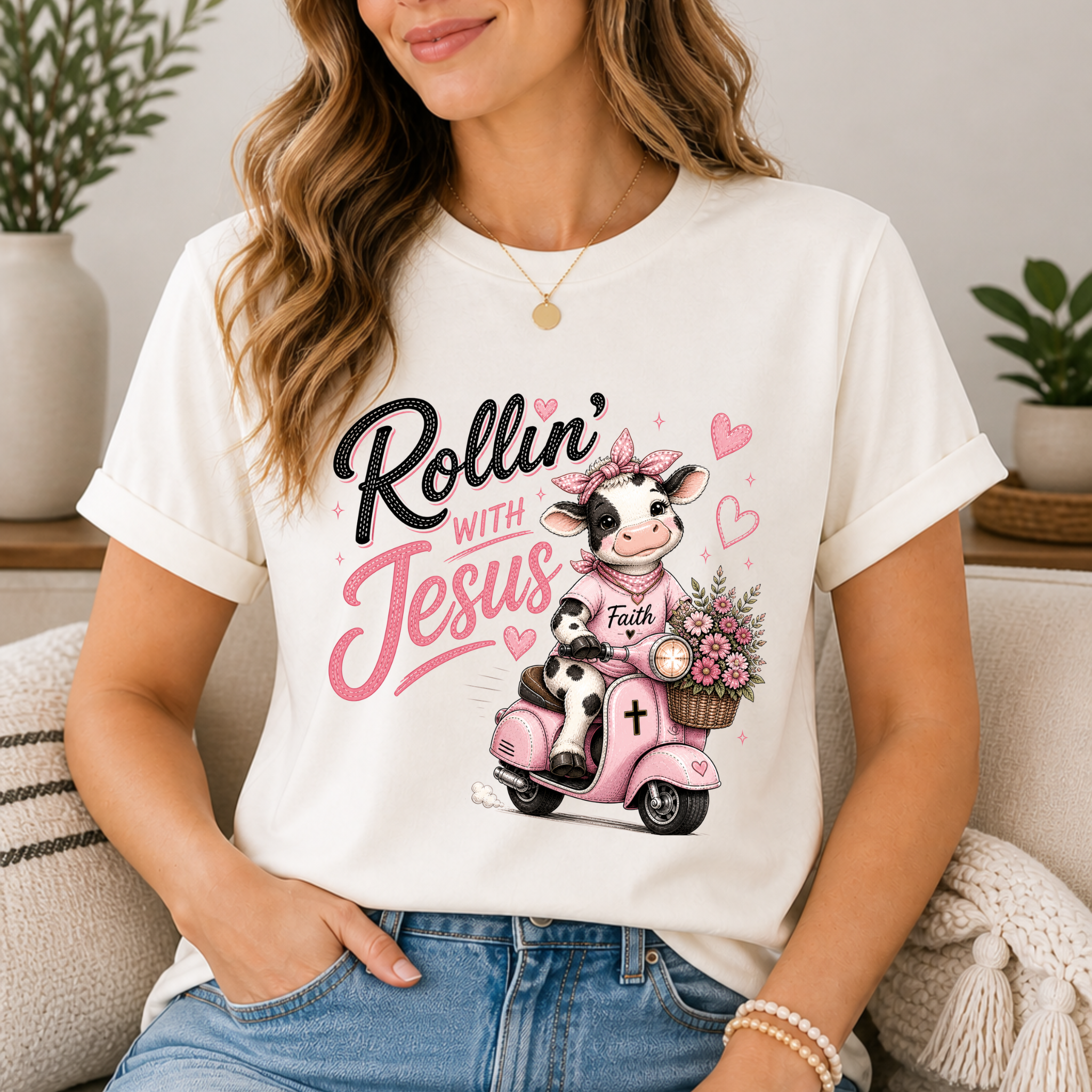 Rollin' with Jesus Cow Shirt for Women | Cute Christian Boutique Tee