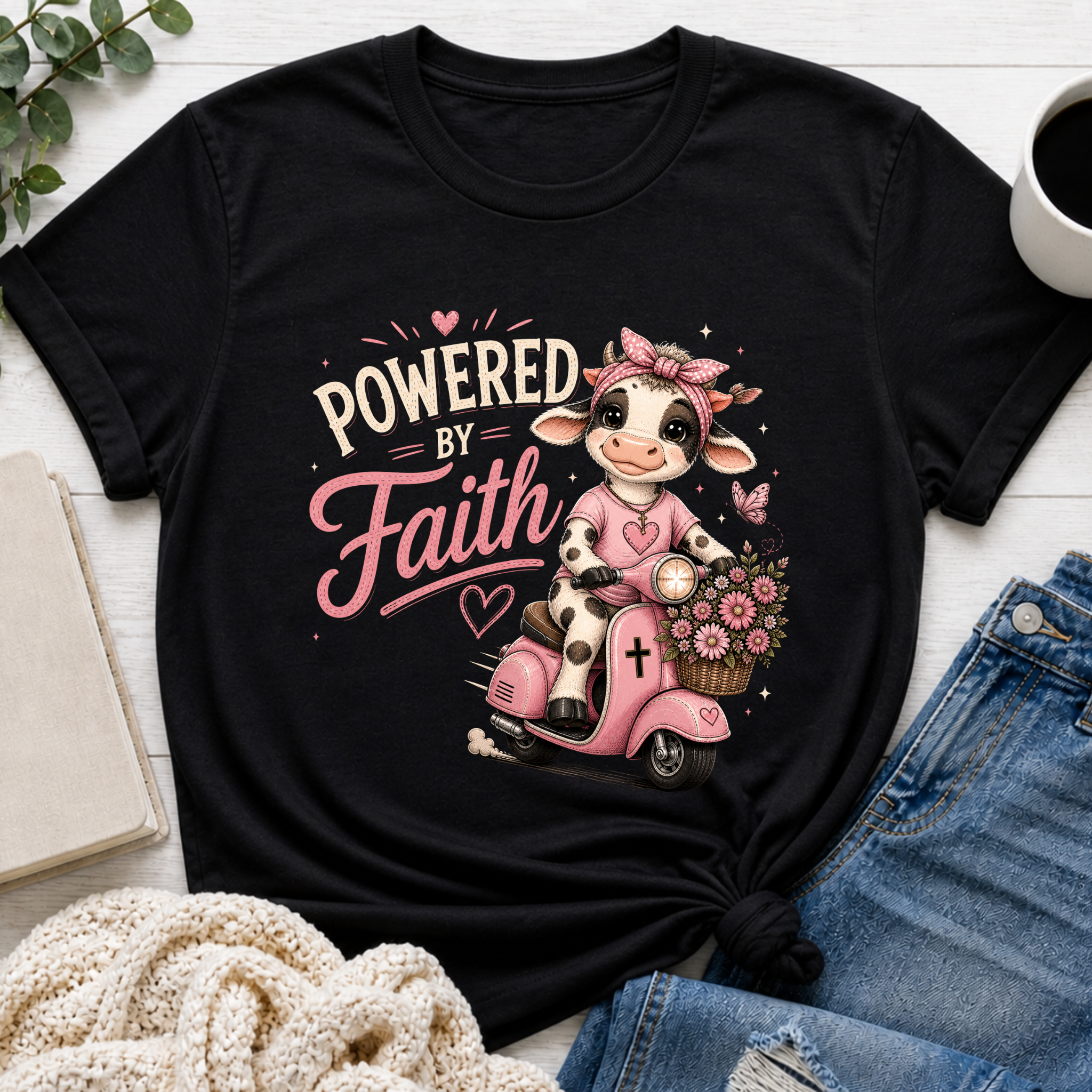 Powered by Faith Cow Shirt for Girls | Christian Youth Tee | Cute Farm Animal Shirt