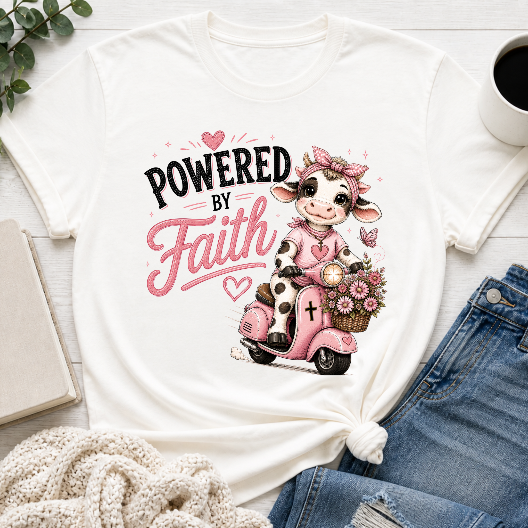 Powered by Faith Cow Shirt for Girls | Christian Youth Tee | Cute Farm Animal Shirt