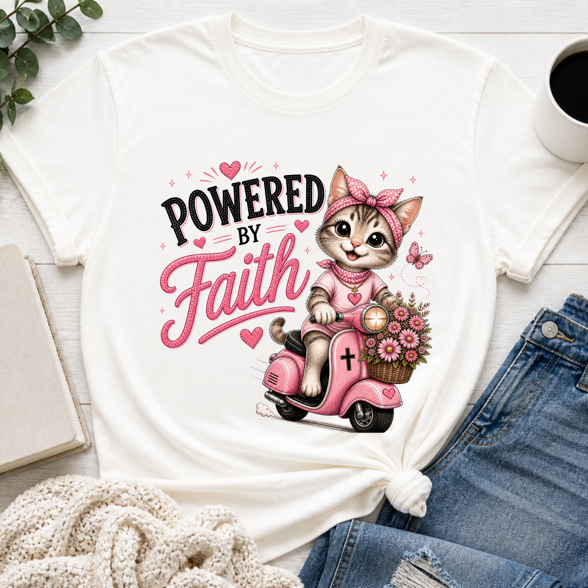 Powered by Faith Cat Shirt for Girls | Christian Youth Tee | Cute Farm Animal Shirt