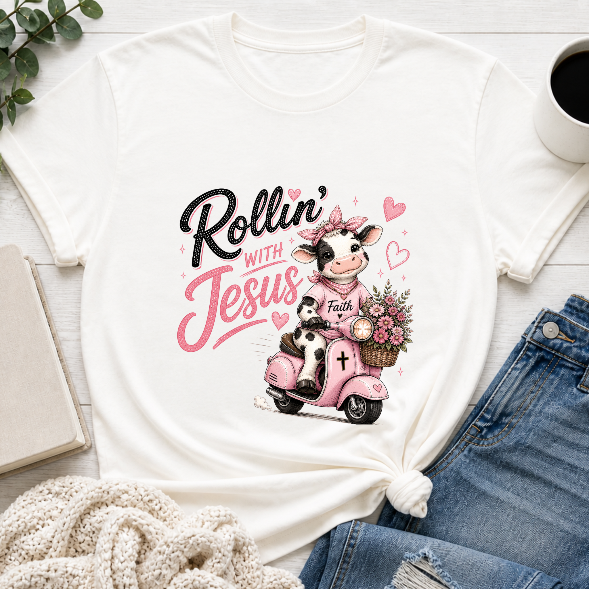Rollin' with Jesus Cow Shirt for Girls | Christian Youth Tee | Cute Farm Animal Shirt