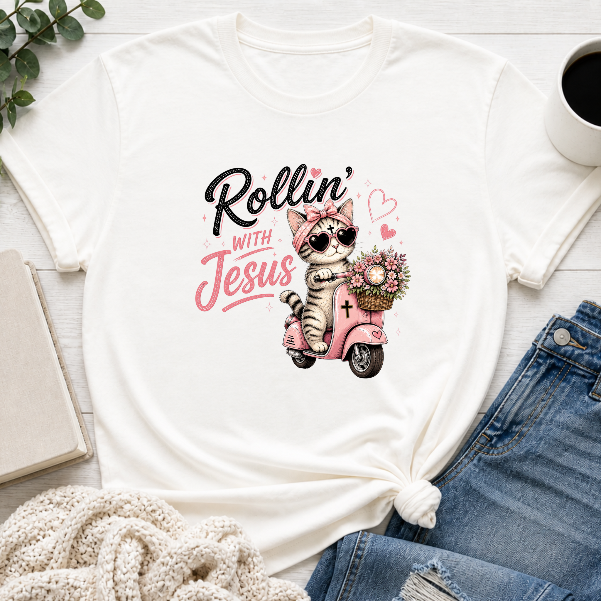 Rollin' with Jesus Cat Shirt for Girls | Christian Youth Tee | Cute Farm Animal Shirt