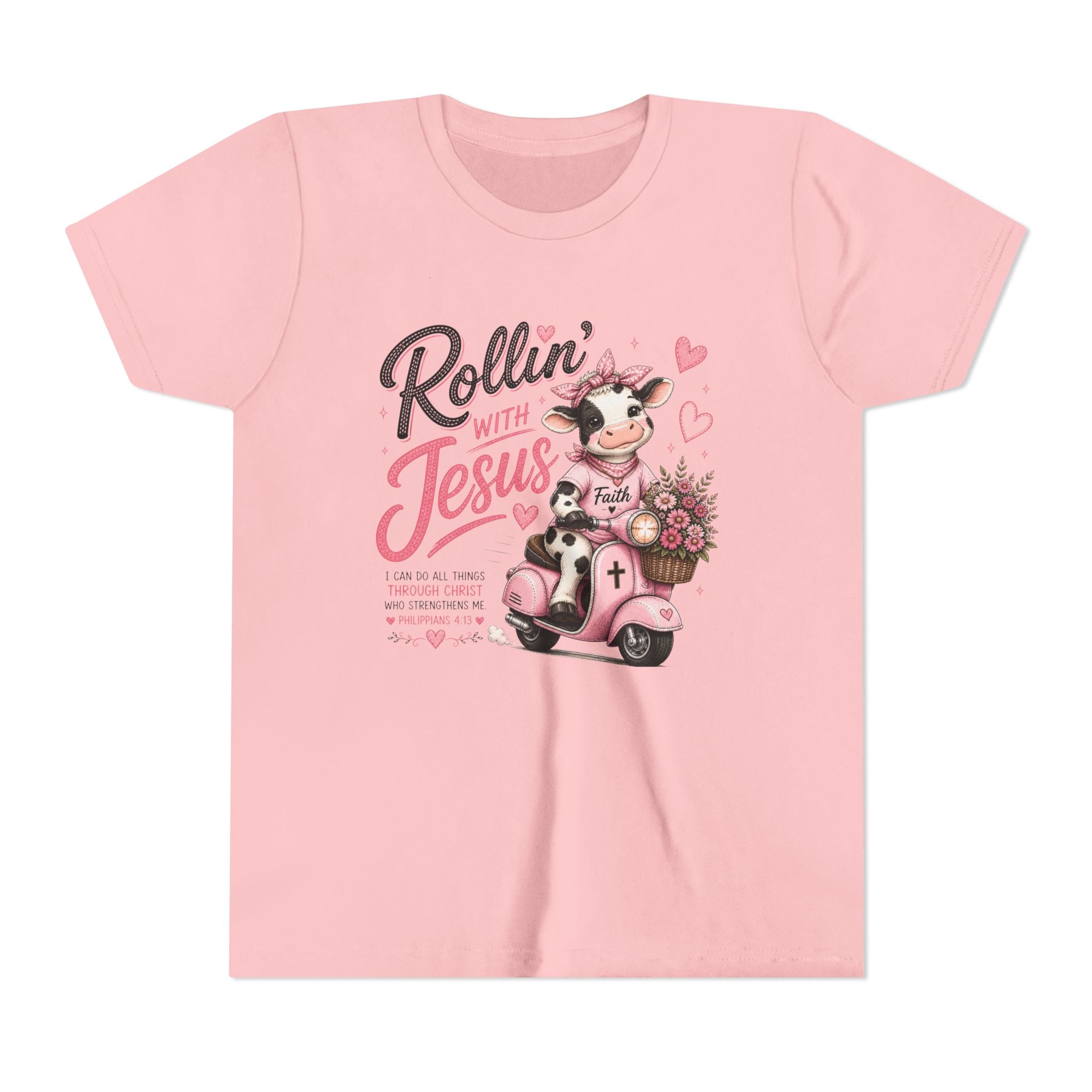 Rollin' with Jesus Cow Shirt | Christian Girl Youth Tee | Cute Bible Verse Shirt