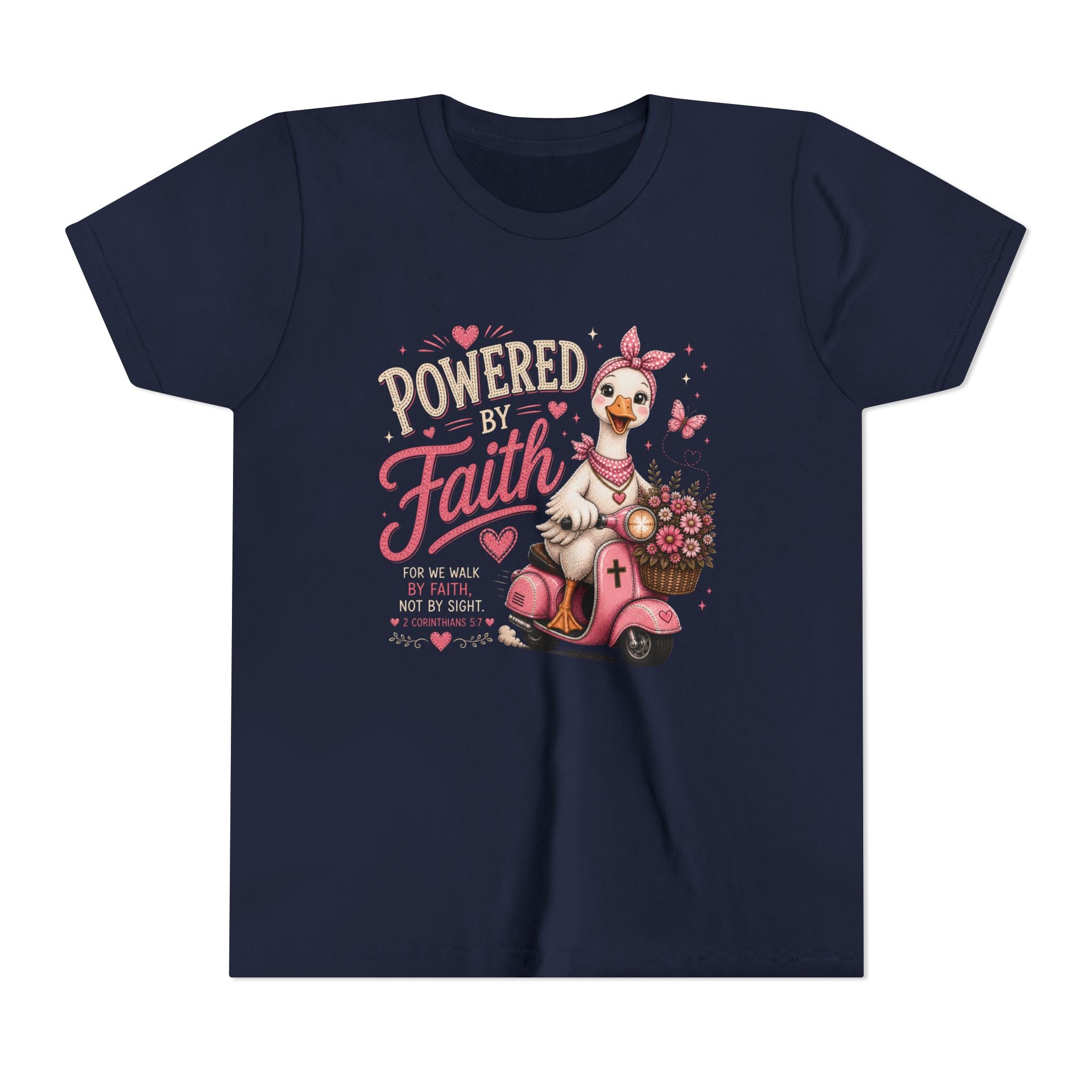 Powered by Faith Goose Shirt | Christian Girl Youth Tee | Cute Bible Verse Shirt