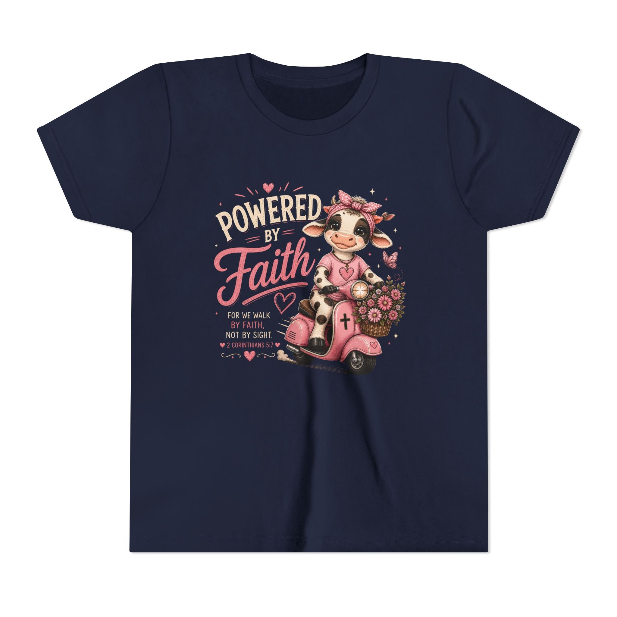 Powered by Faith Cow Shirt | Christian Girl Youth Tee | Cute Bible Verse Shirt