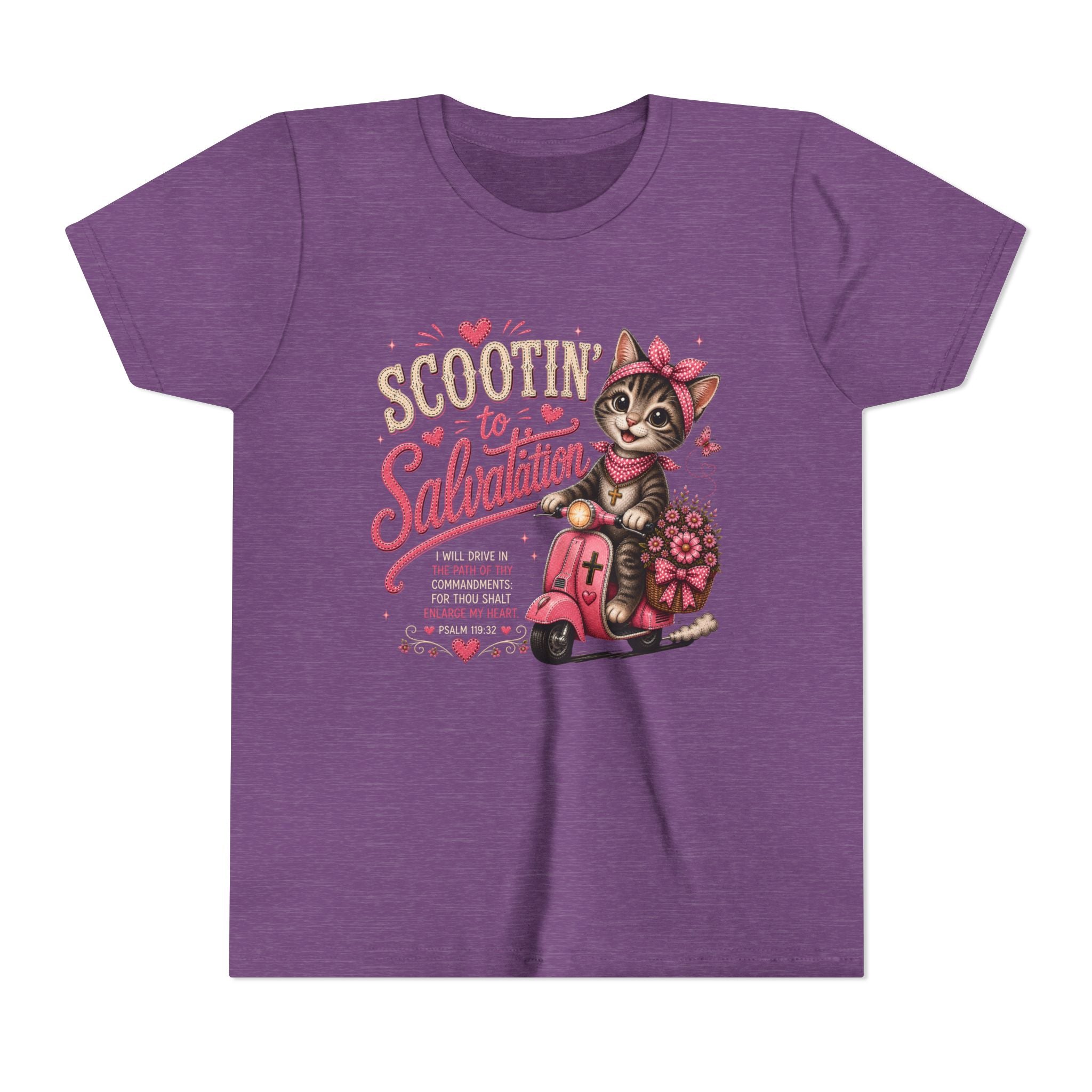 Scootin’ to Salvation Cat Shirt | Christian Girl Youth Tee | Cute Bible Verse Shirt