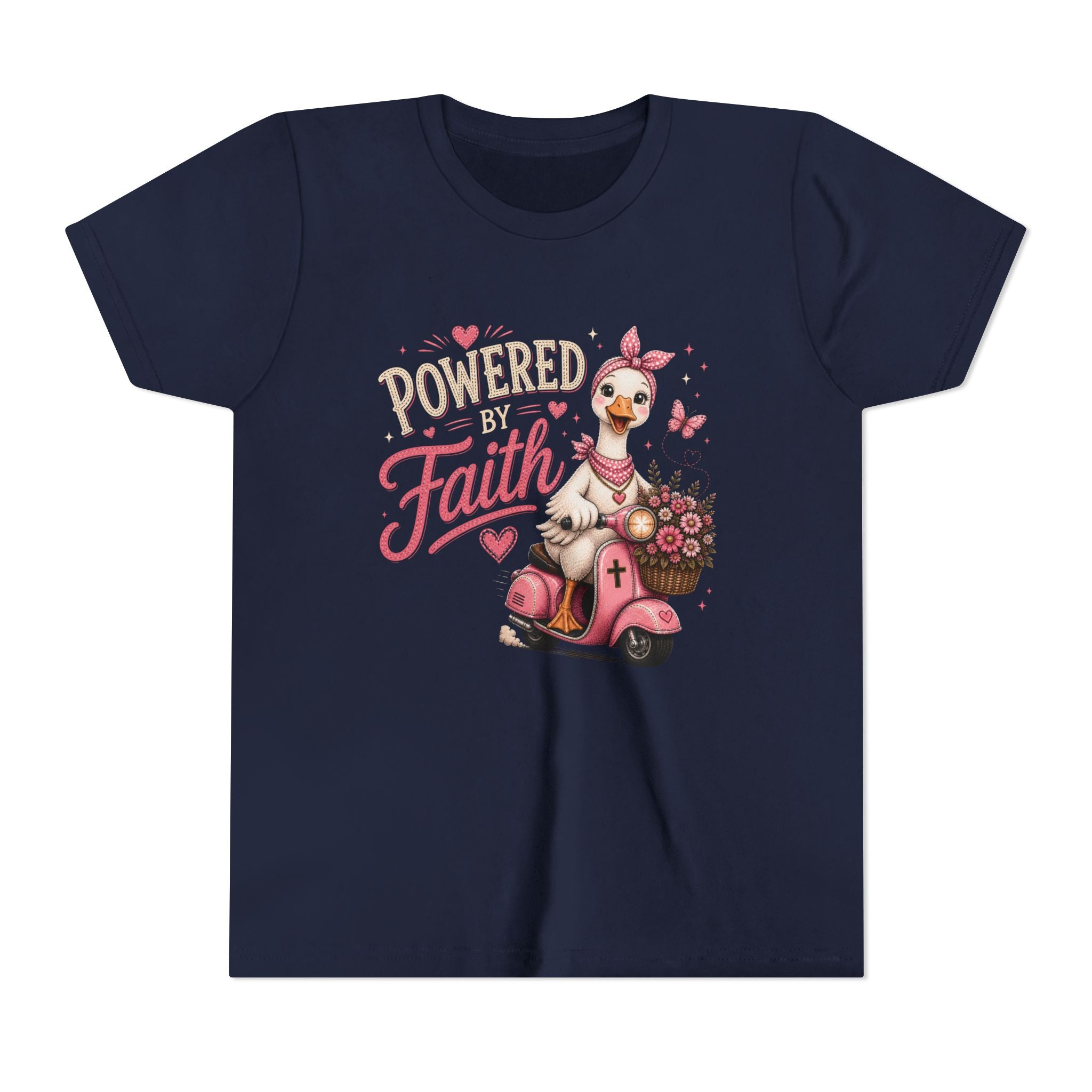 Powered by Faith Goose Shirt for Girls | Christian Youth Tee | Cute Farm Animal Shirt